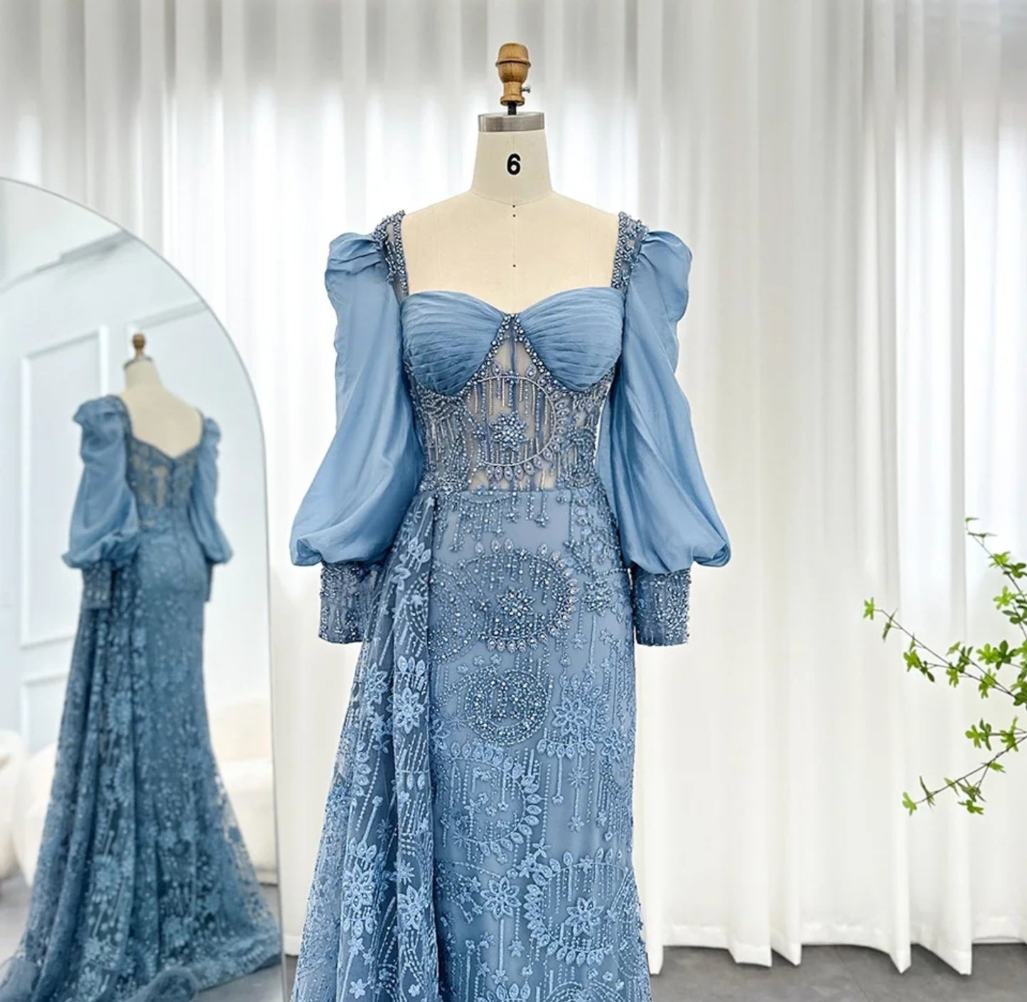 Long Sleeve Blue Floral Multi Beaded Embellished Sweetheart Pleated Special Occasion, Mother Of The Bride, Event, Gala, Dubai Inspired Gown