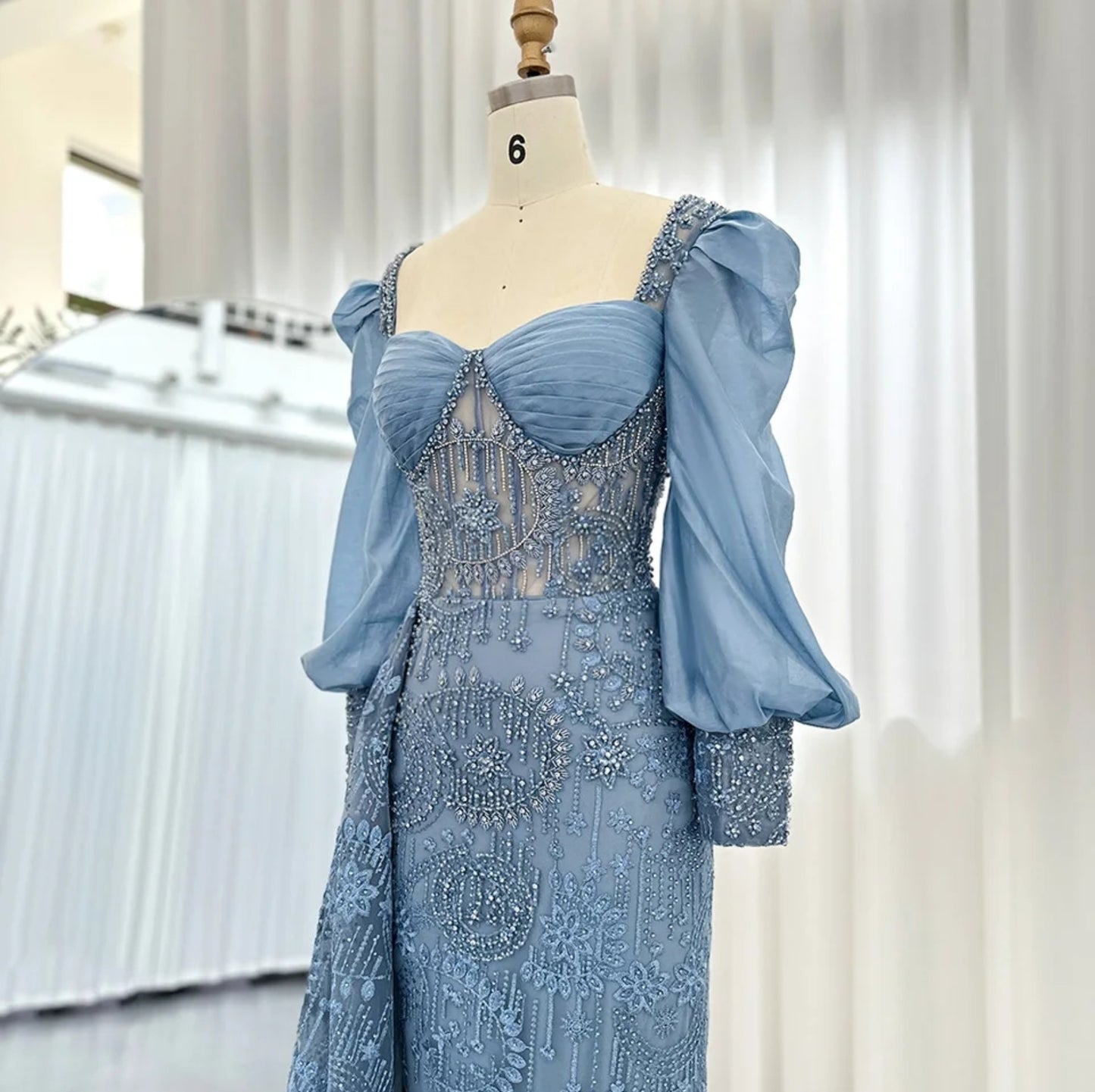 Long Sleeve Blue Floral Multi Beaded Embellished Sweetheart Pleated Special Occasion, Mother Of The Bride, Event, Gala, Dubai Inspired Gown