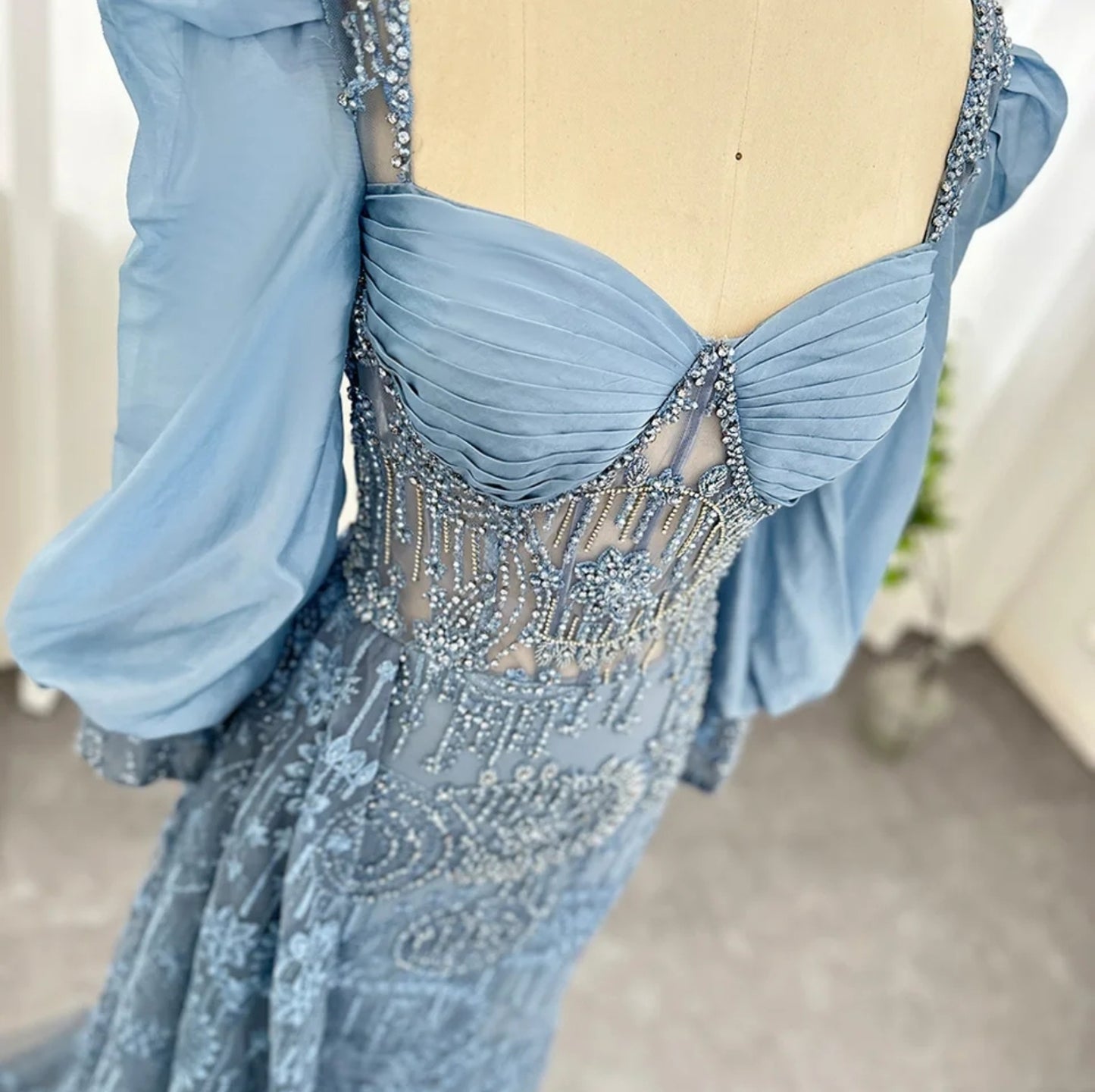 Long Sleeve Blue Floral Multi Beaded Embellished Sweetheart Pleated Special Occasion, Mother Of The Bride, Event, Gala, Dubai Inspired Gown