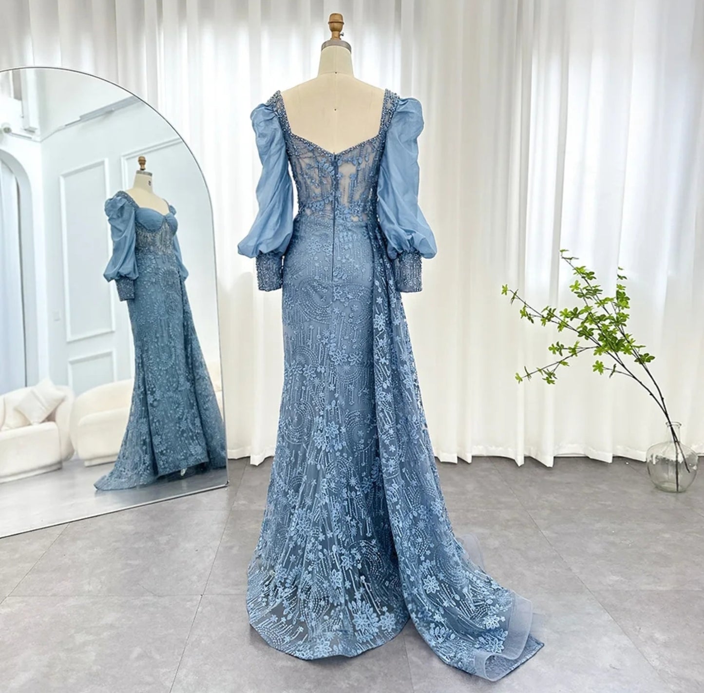 Long Sleeve Blue Floral Multi Beaded Embellished Sweetheart Pleated Special Occasion, Mother Of The Bride, Event, Gala, Dubai Inspired Gown