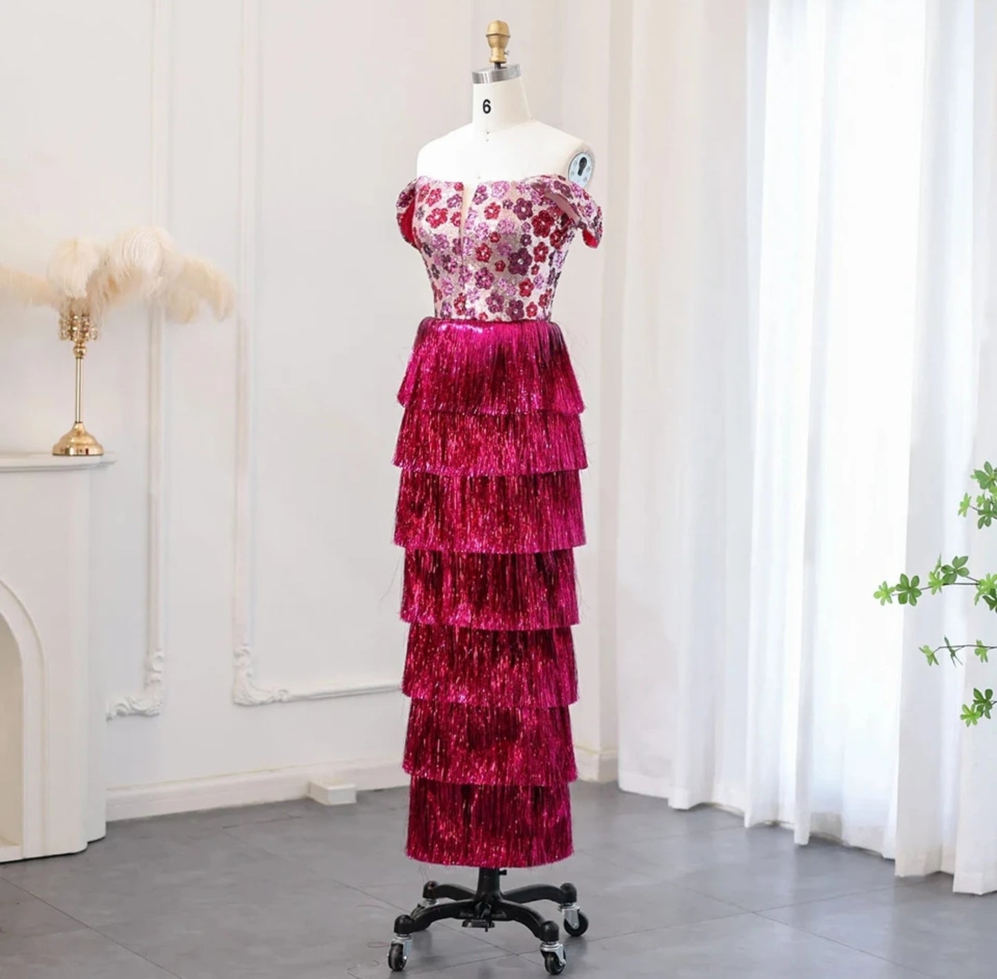 Floral Sequinned Fuscia Layered Tassel Special Occasion Dress With Detachable Straps