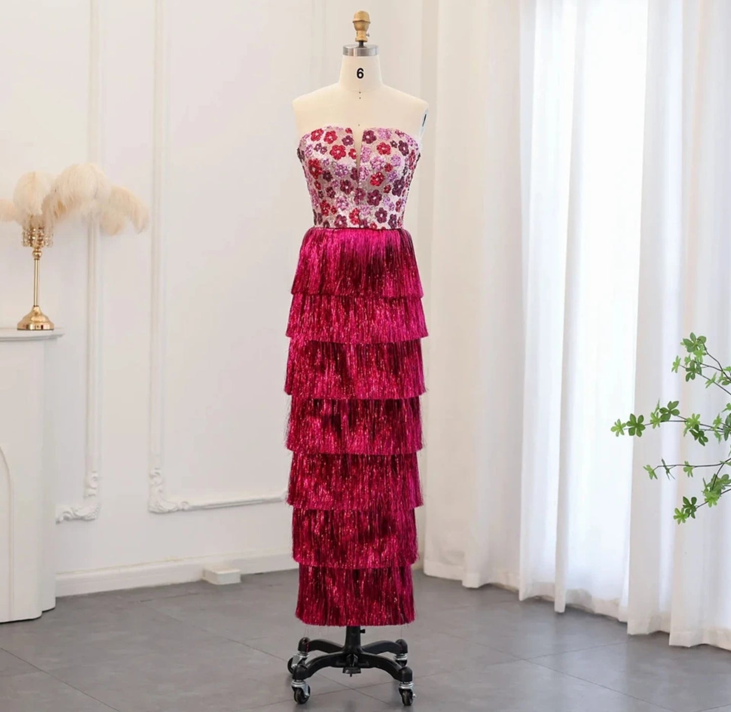 Floral Sequinned Fuscia Layered Tassel Special Occasion Dress With Detachable Straps