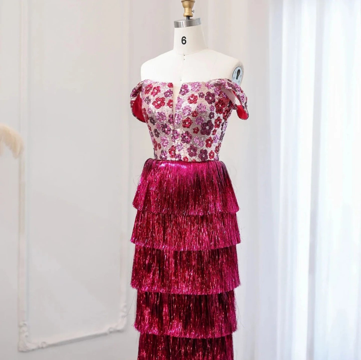 Floral Sequinned Fuscia Layered Tassel Special Occasion Dress With Detachable Straps