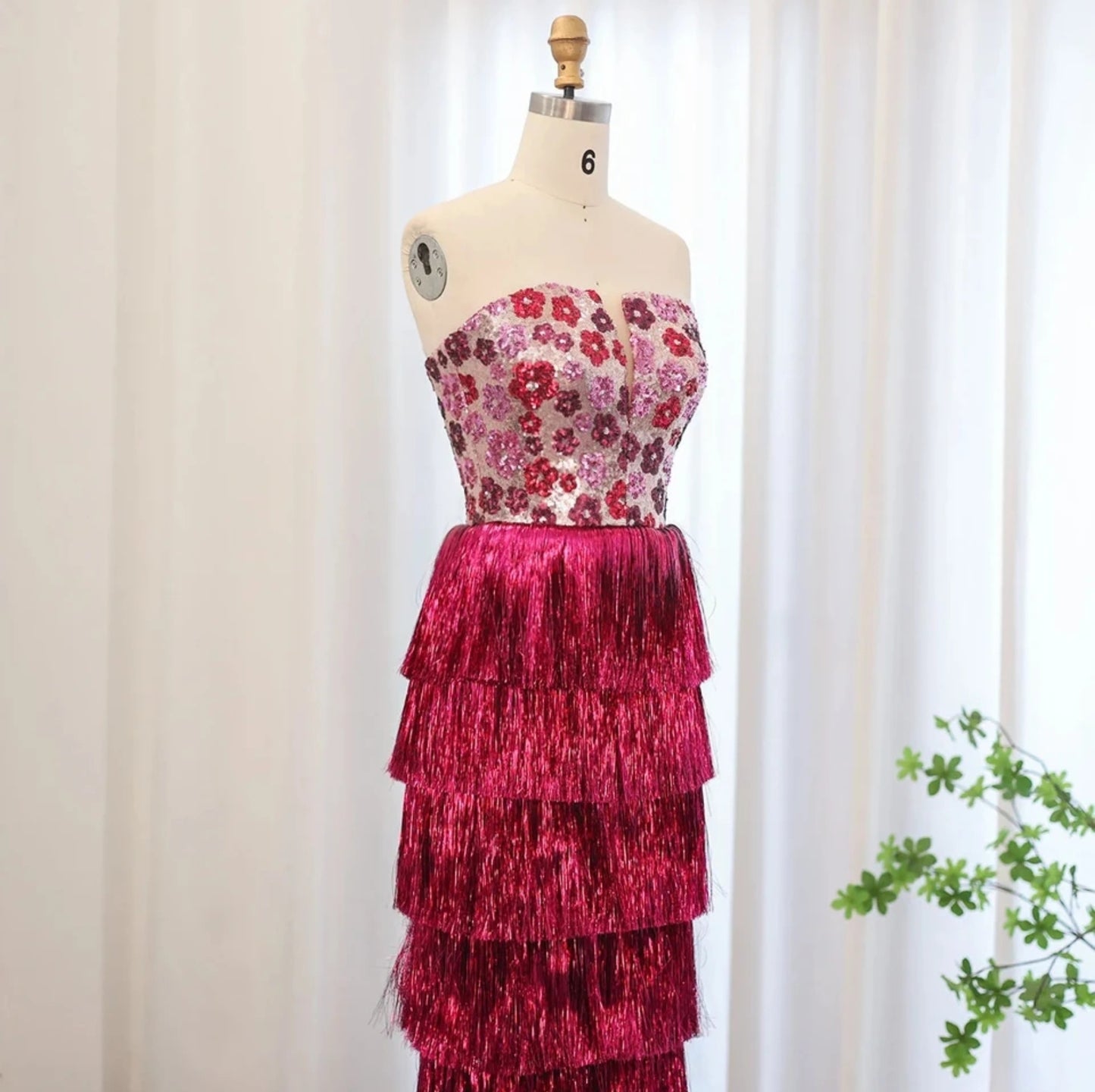 Floral Sequinned Fuscia Layered Tassel Special Occasion Dress With Detachable Straps