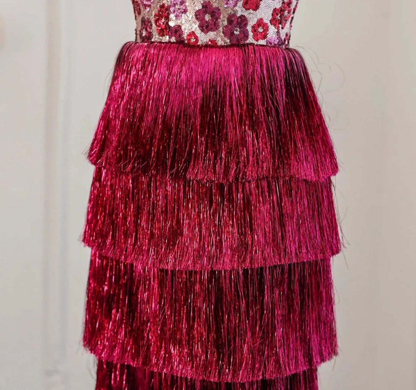 Floral Sequinned Fuscia Layered Tassel Special Occasion Dress With Detachable Straps