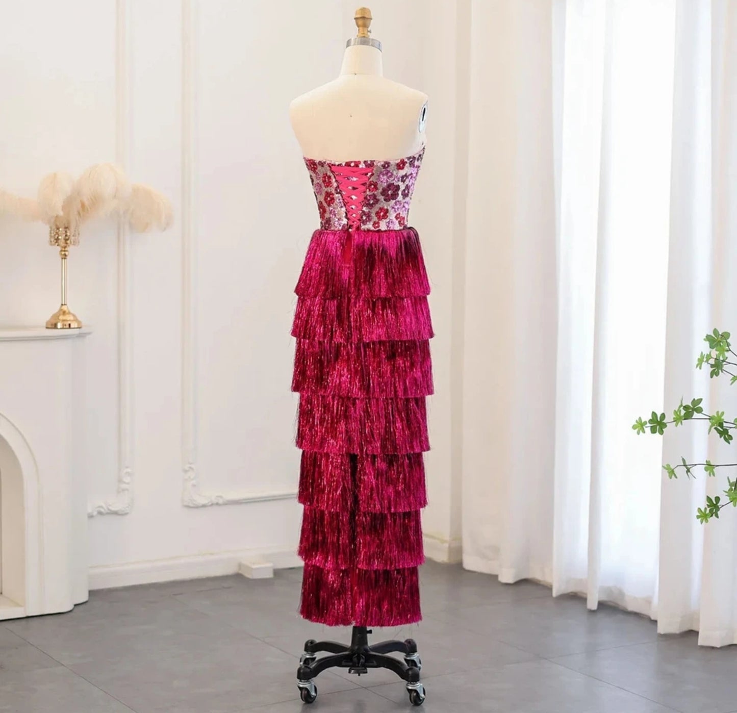 Floral Sequinned Fuscia Layered Tassel Special Occasion Dress With Detachable Straps