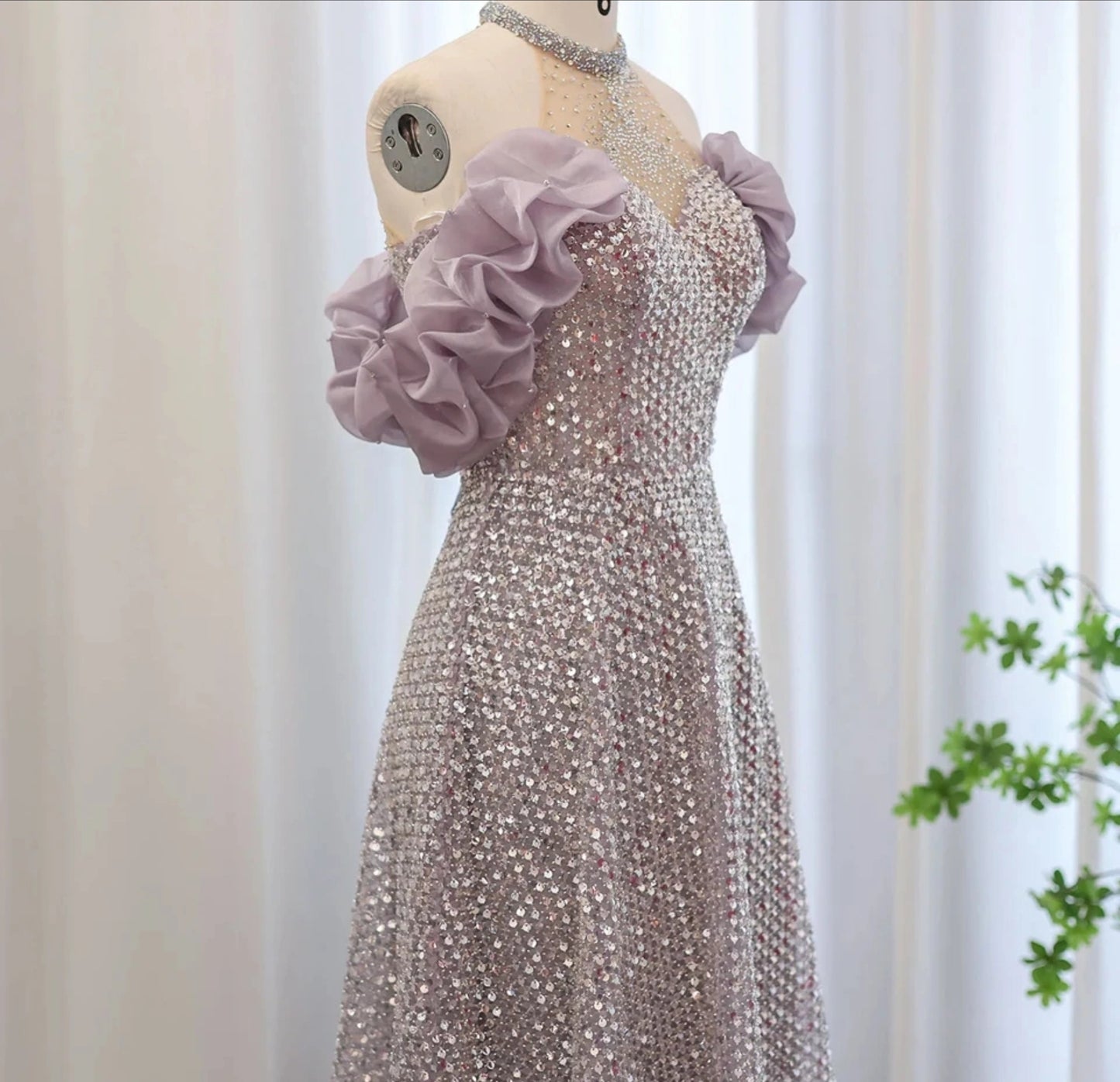 Beautiful Purple Multi Beaded Sweetheart Ruffled Halter A-Line Special Occasion, Red Carpet, Mother Of The Bride, Gala, Event Gown