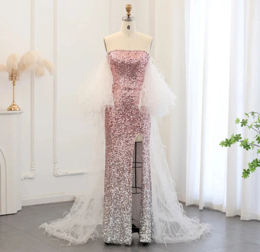 Boat Neck Sequinned Pink Gradient Ombre Split Hem Special Occasion, Mother Of The Bride, Red Carpet, Event, Gala Gown With Feathered Cape