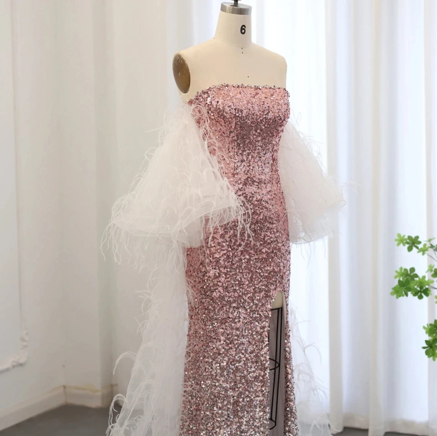 Boat Neck Sequinned Pink Gradient Ombre Split Hem Special Occasion, Mother Of The Bride, Red Carpet, Event, Gala Gown With Feathered Cape