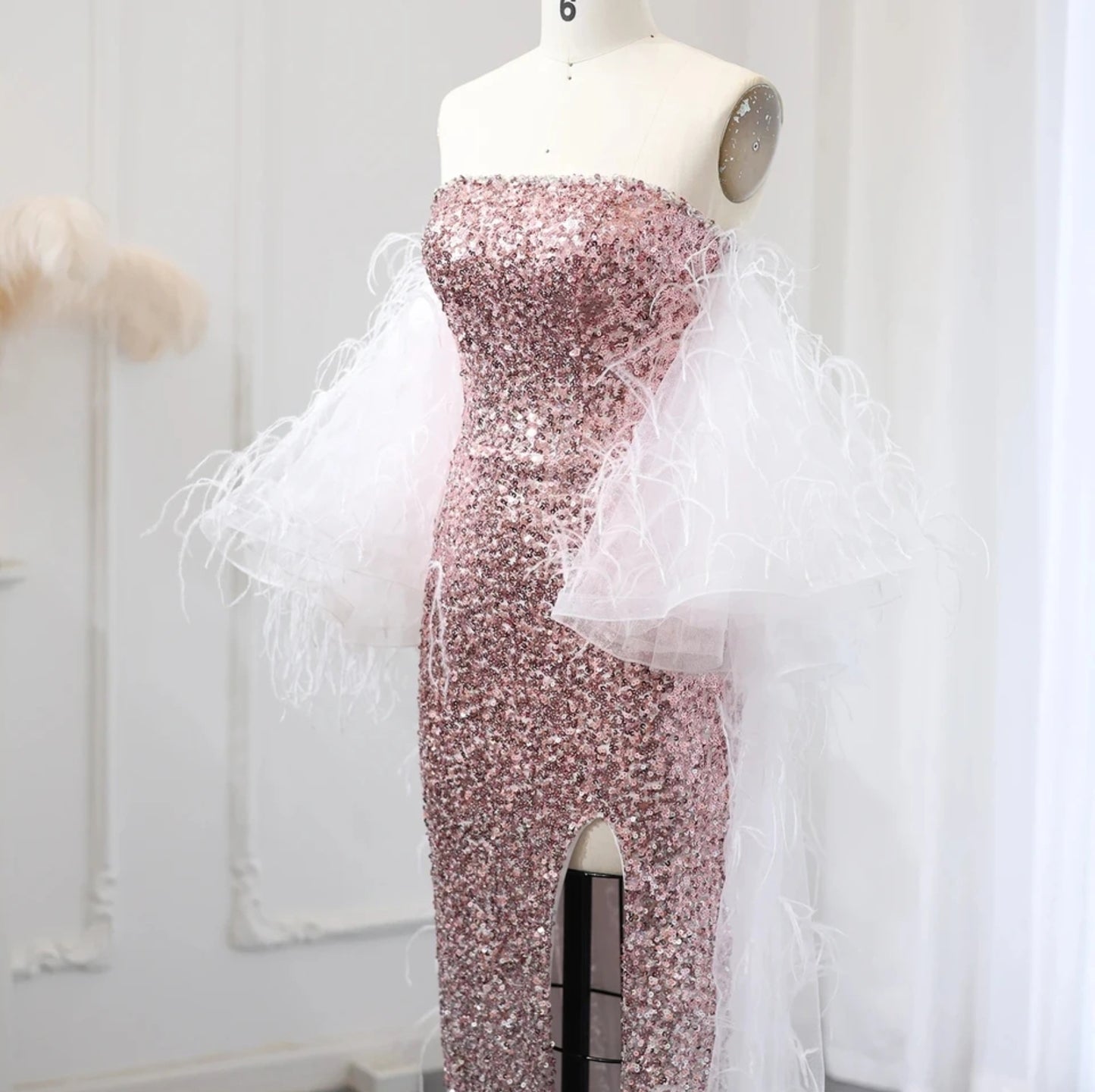 Boat Neck Sequinned Pink Gradient Ombre Split Hem Special Occasion, Mother Of The Bride, Red Carpet, Event, Gala Gown With Feathered Cape