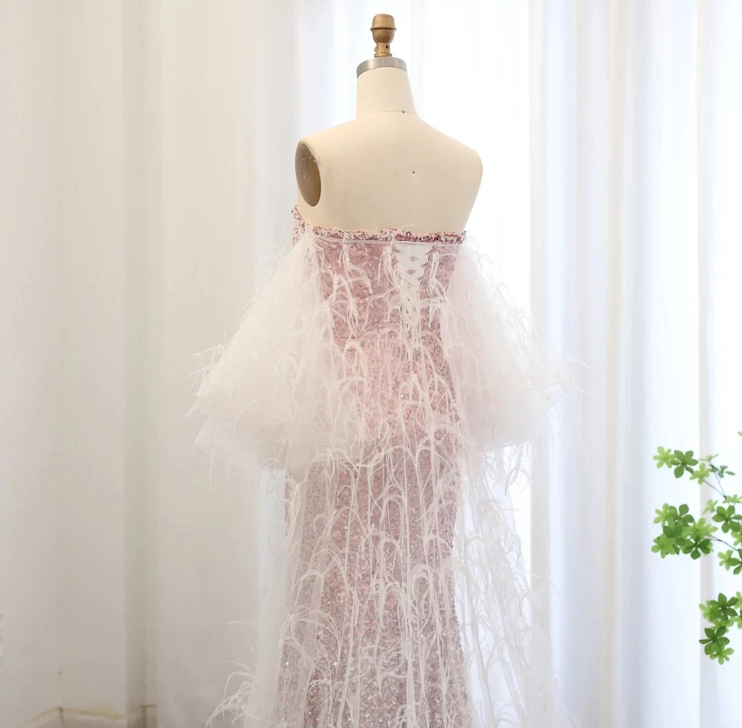 Boat Neck Sequinned Pink Gradient Ombre Split Hem Special Occasion, Mother Of The Bride, Red Carpet, Event, Gala Gown With Feathered Cape