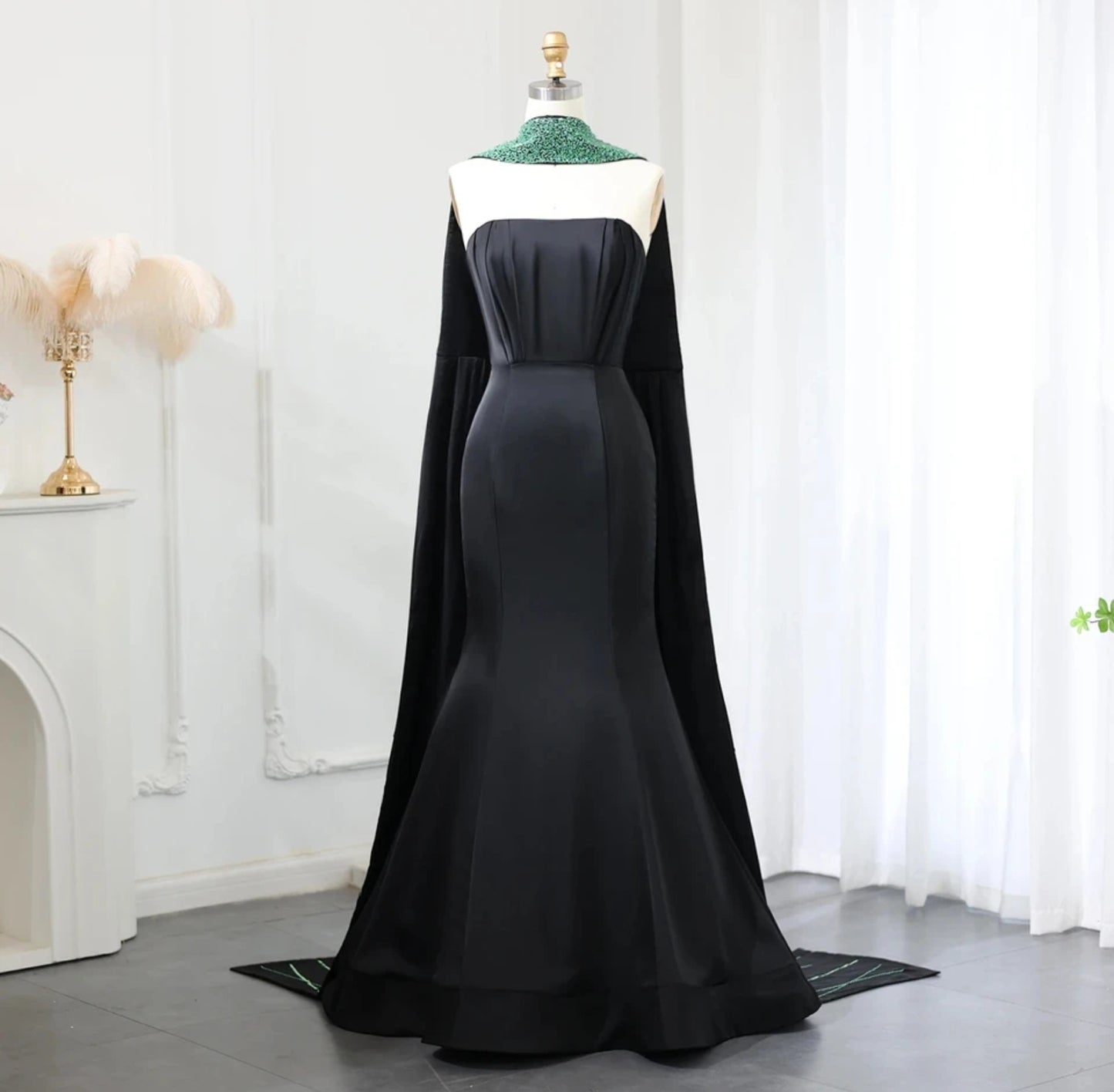 Pleated Strapless Boat Neck A-Line Evening, Special Occasion, Mother Of The Bride Gala Gown With Green Beaded Detached Scarf Train