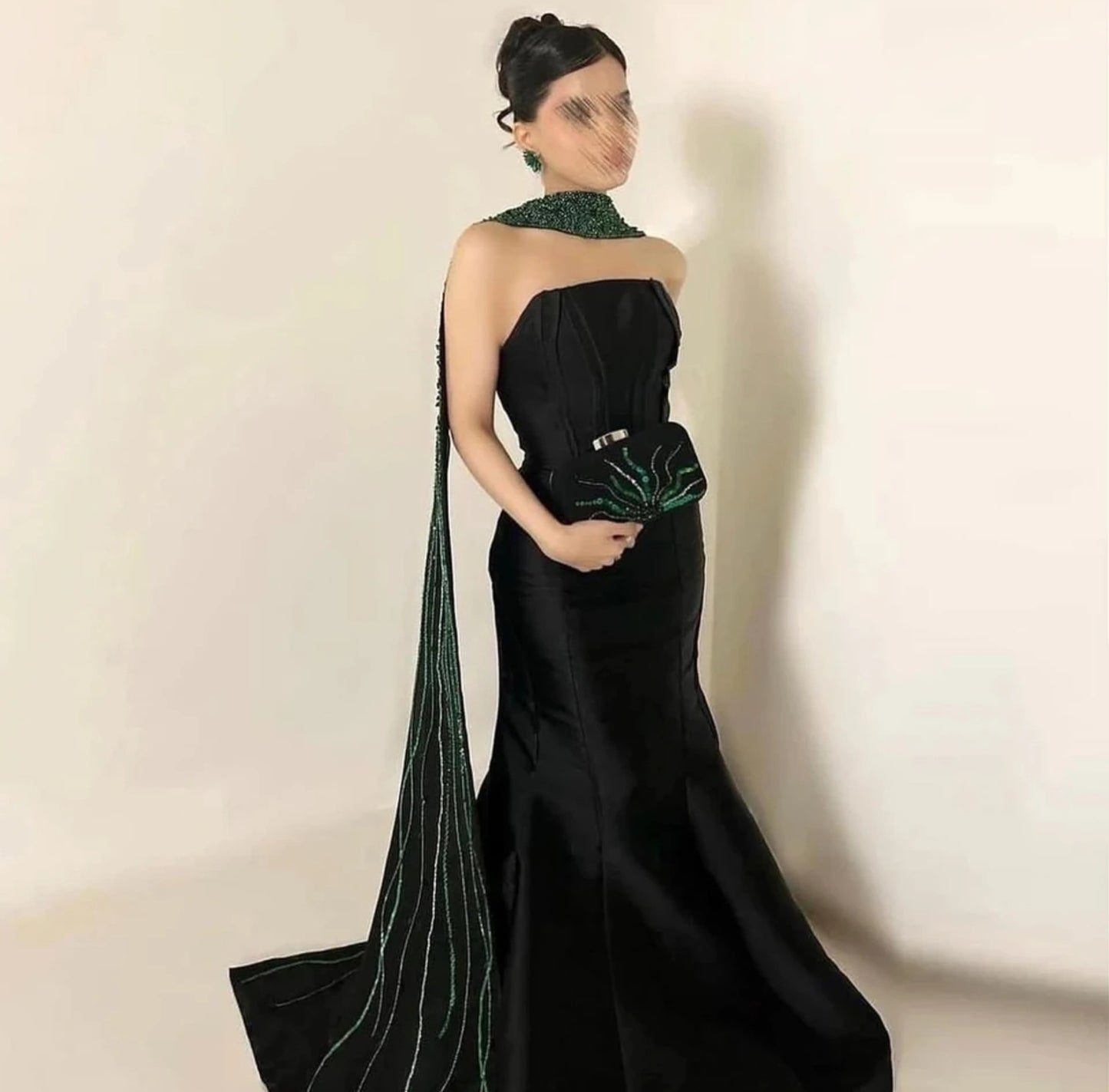 Pleated Strapless Boat Neck A-Line Evening, Special Occasion, Mother Of The Bride Gala Gown With Green Beaded Detached Scarf Train