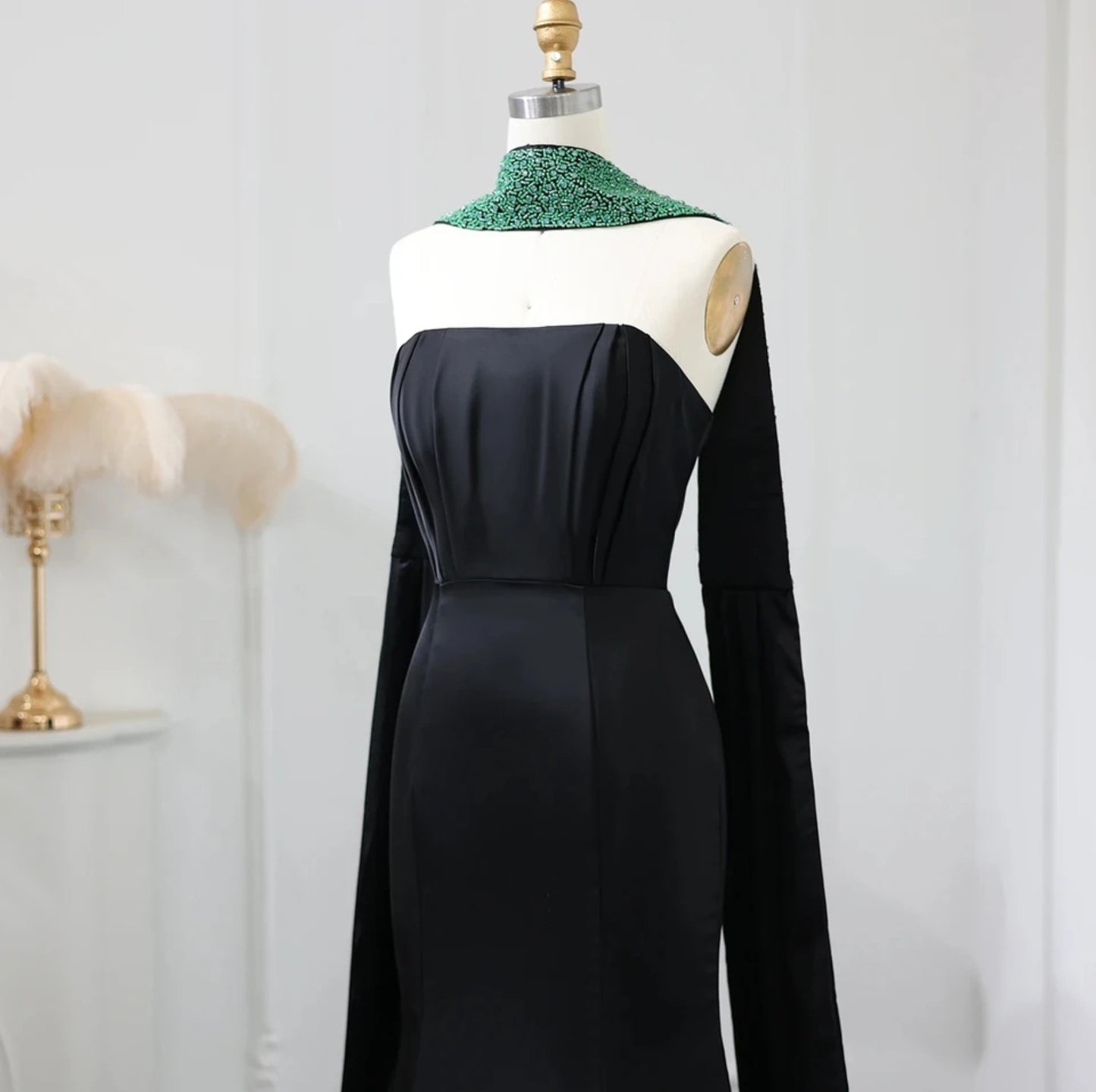 Pleated Strapless Boat Neck A-Line Evening, Special Occasion, Mother Of The Bride Gala Gown With Green Beaded Detached Scarf Train