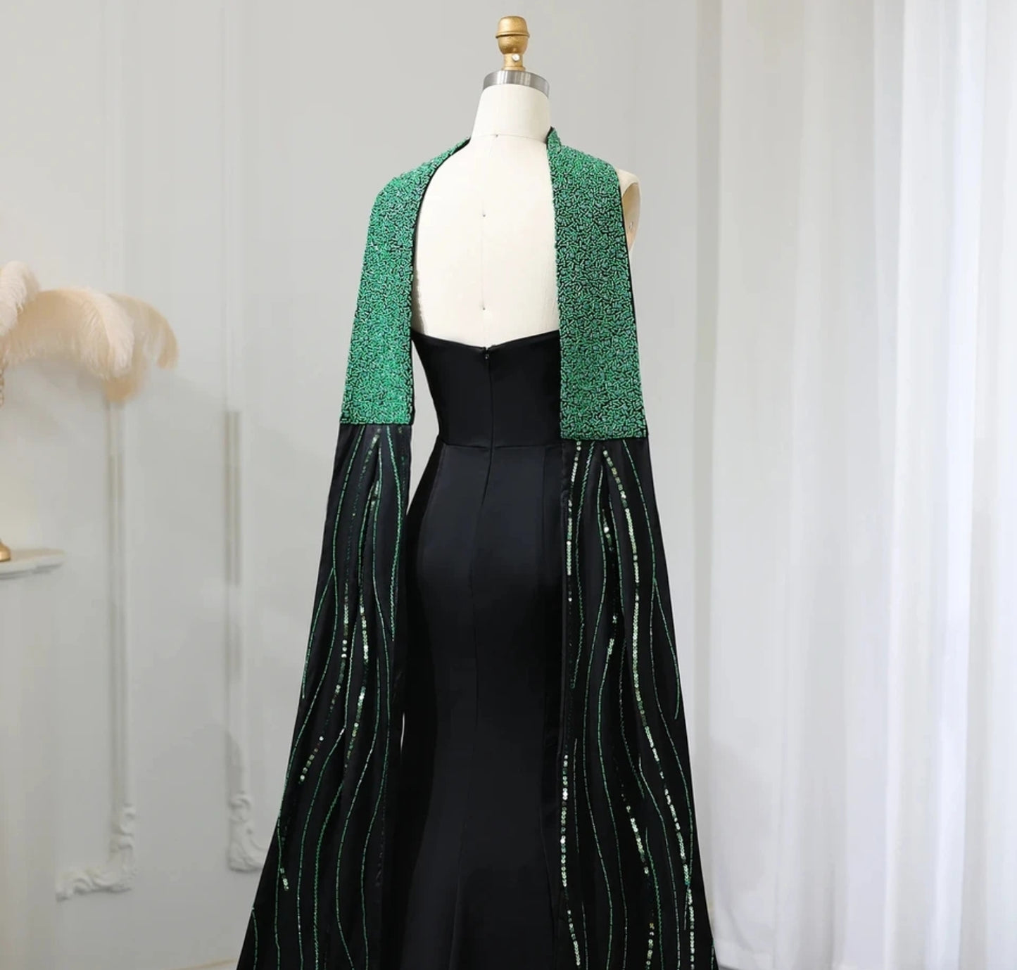 Pleated Strapless Boat Neck A-Line Evening, Special Occasion, Mother Of The Bride Gala Gown With Green Beaded Detached Scarf Train