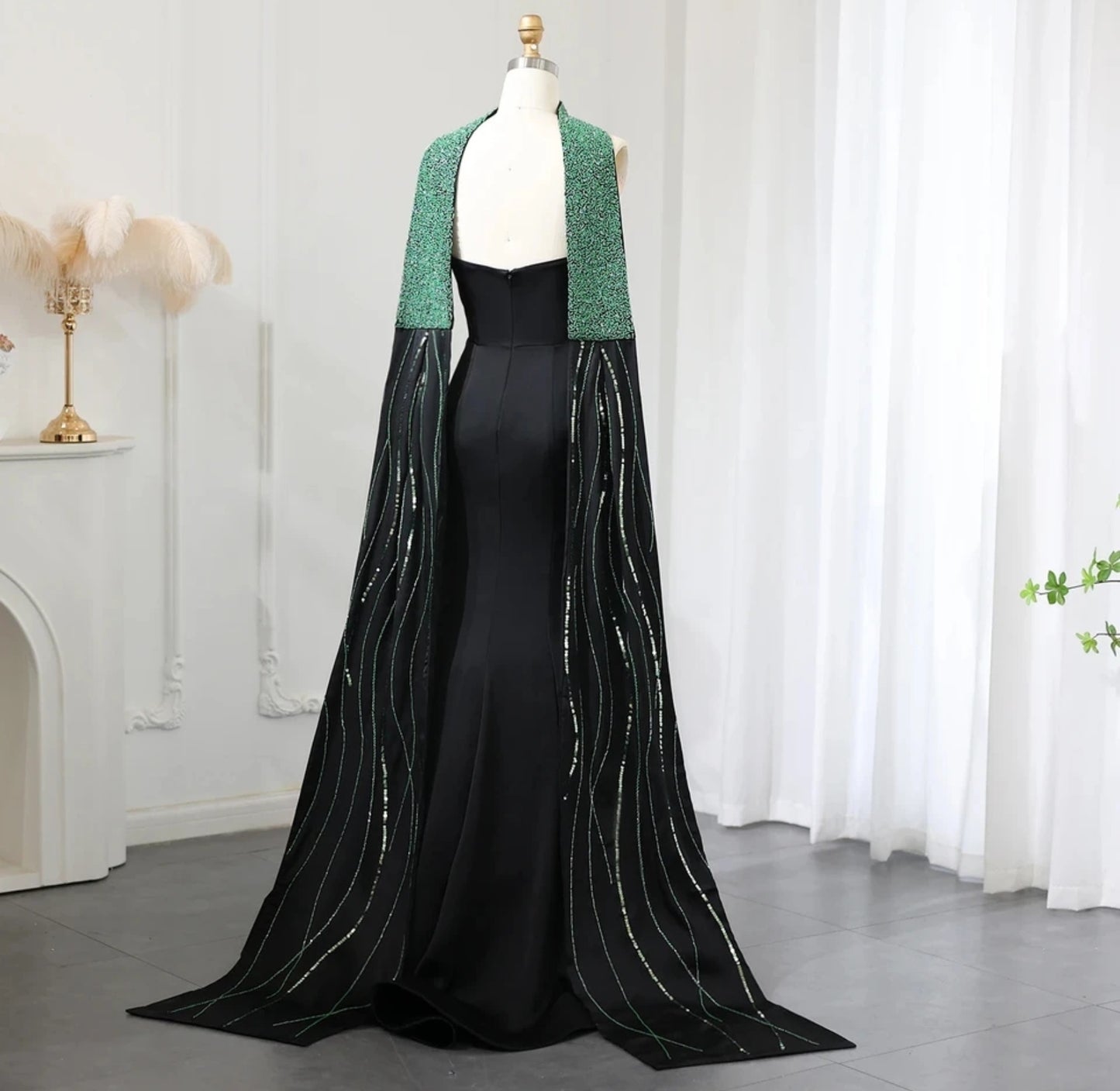 Pleated Strapless Boat Neck A-Line Evening, Special Occasion, Mother Of The Bride Gala Gown With Green Beaded Detached Scarf Train