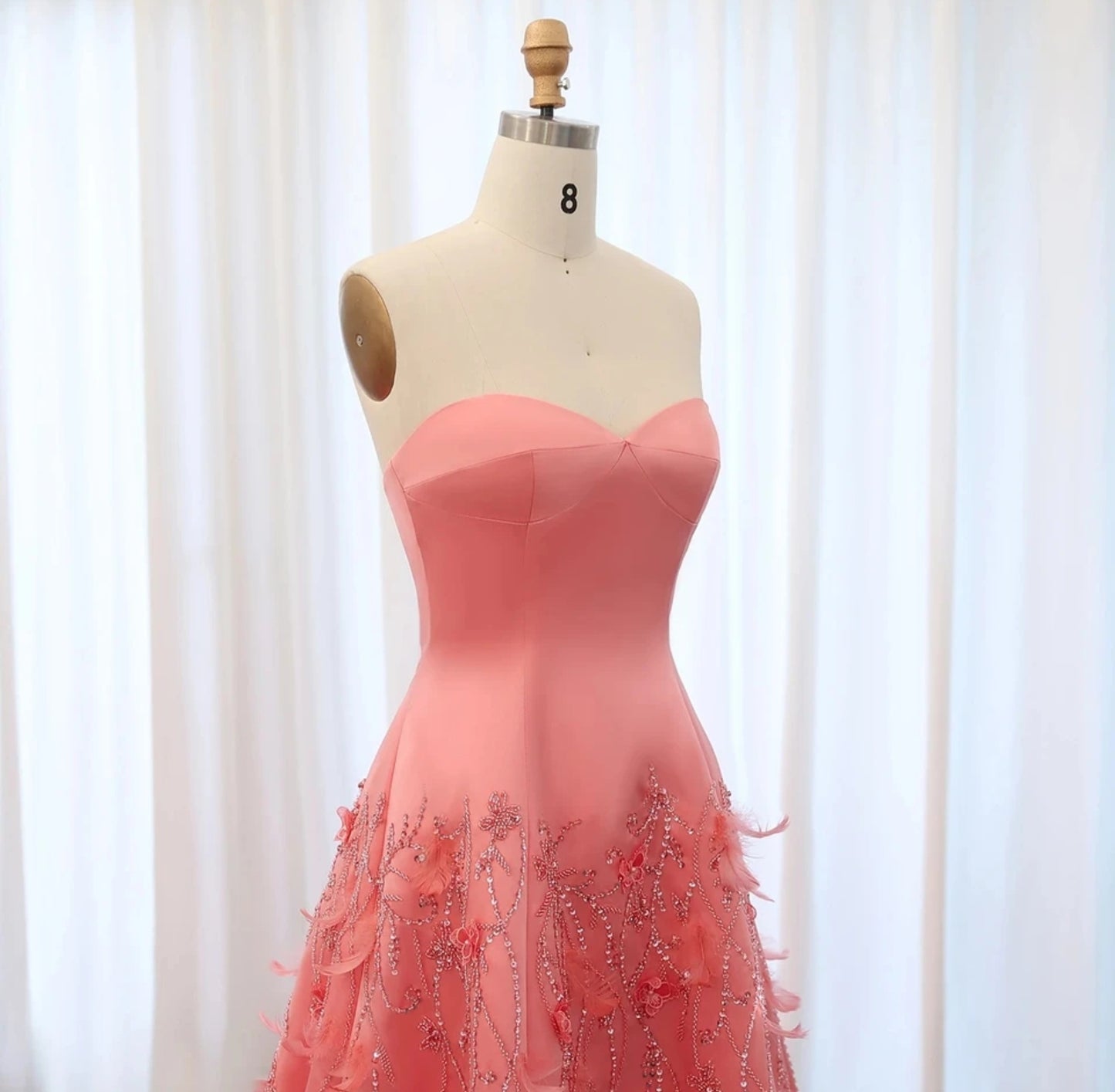 Coral Satin Sweetheart Floral Beaded Sequin Embellished Appliqué Special Occasion, Homecoming, Prom, Sweet 16, Pageant, Event, Gala Gown With Feather Detail