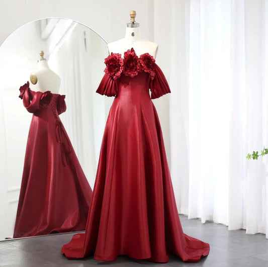 Burgundy Satin Oversized Bold Floral A-Line Mother Of The Bride, Special Occasion, Homecoming, Event Dress