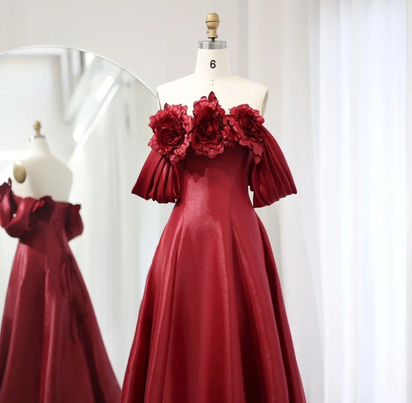 Burgundy Satin Oversized Bold Floral A-Line Mother Of The Bride, Special Occasion, Homecoming, Event Dress