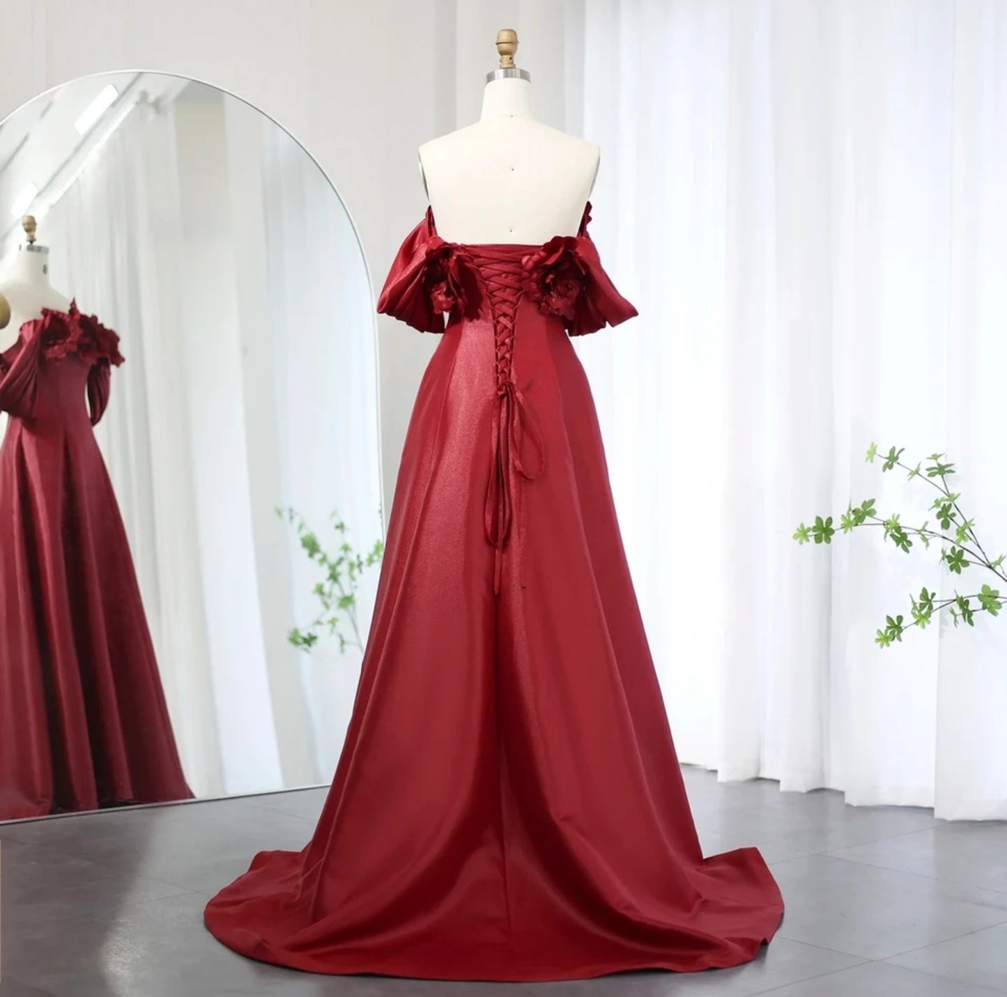 Burgundy Satin Oversized Bold Floral A-Line Mother Of The Bride, Special Occasion, Homecoming, Event Dress