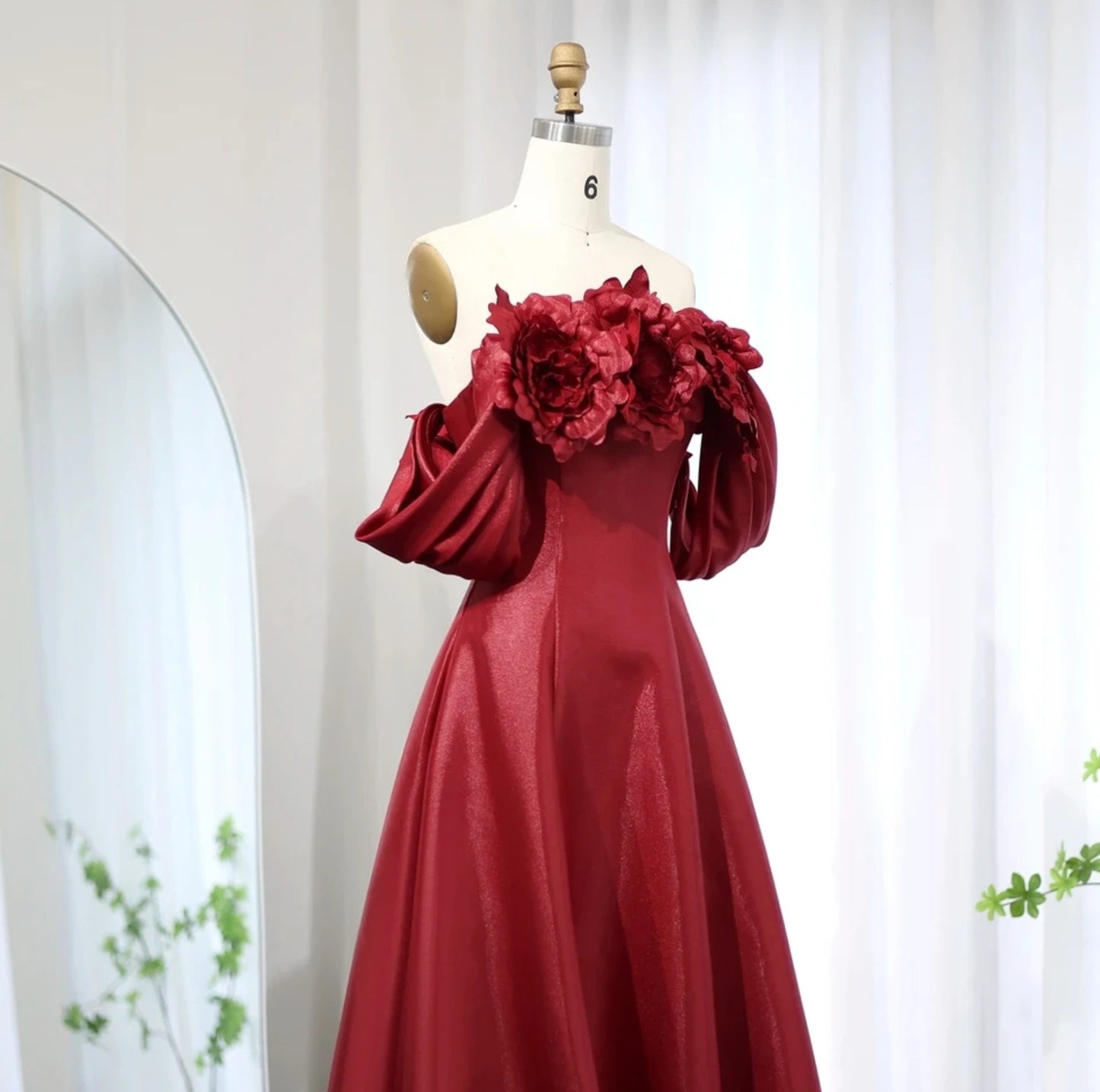 Burgundy Satin Oversized Bold Floral A-Line Mother Of The Bride, Special Occasion, Homecoming, Event Dress