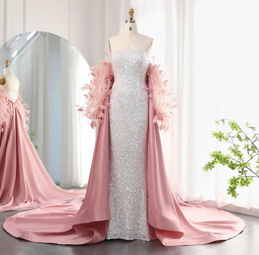 Strapless Sequin Boat Neck Floor Length Special Occasion, Mother Of The Bride, Reception, Event, Gala Gown With Feathered Floor Length Cape