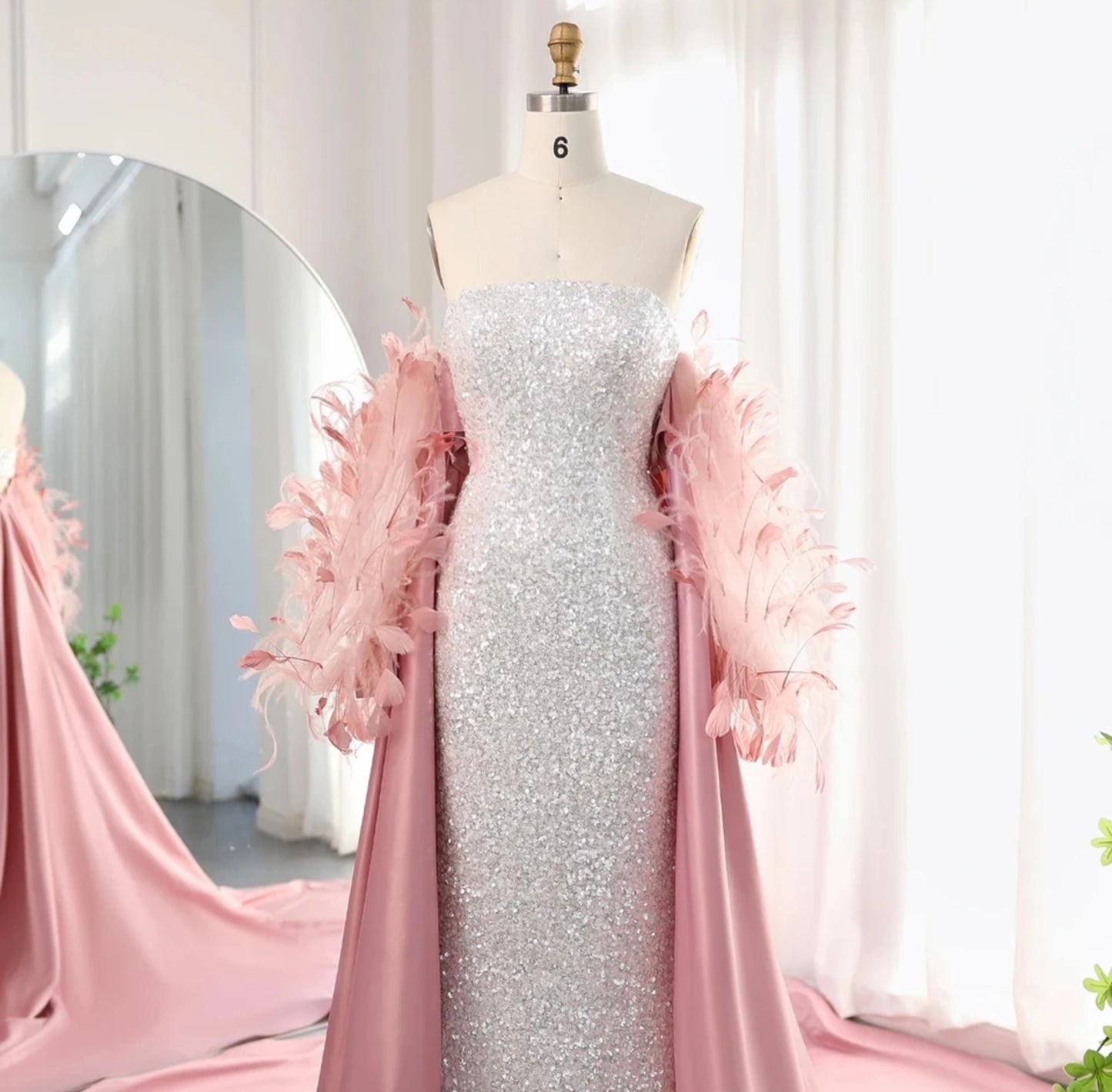 Strapless Sequin Boat Neck Floor Length Special Occasion, Mother Of The Bride, Reception, Event, Gala Gown With Feathered Floor Length Cape