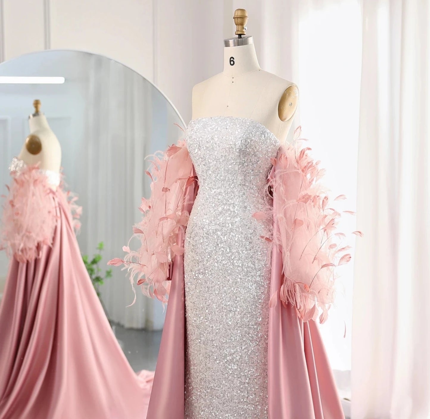 Strapless Sequin Boat Neck Floor Length Special Occasion, Mother Of The Bride, Reception, Event, Gala Gown With Feathered Floor Length Cape