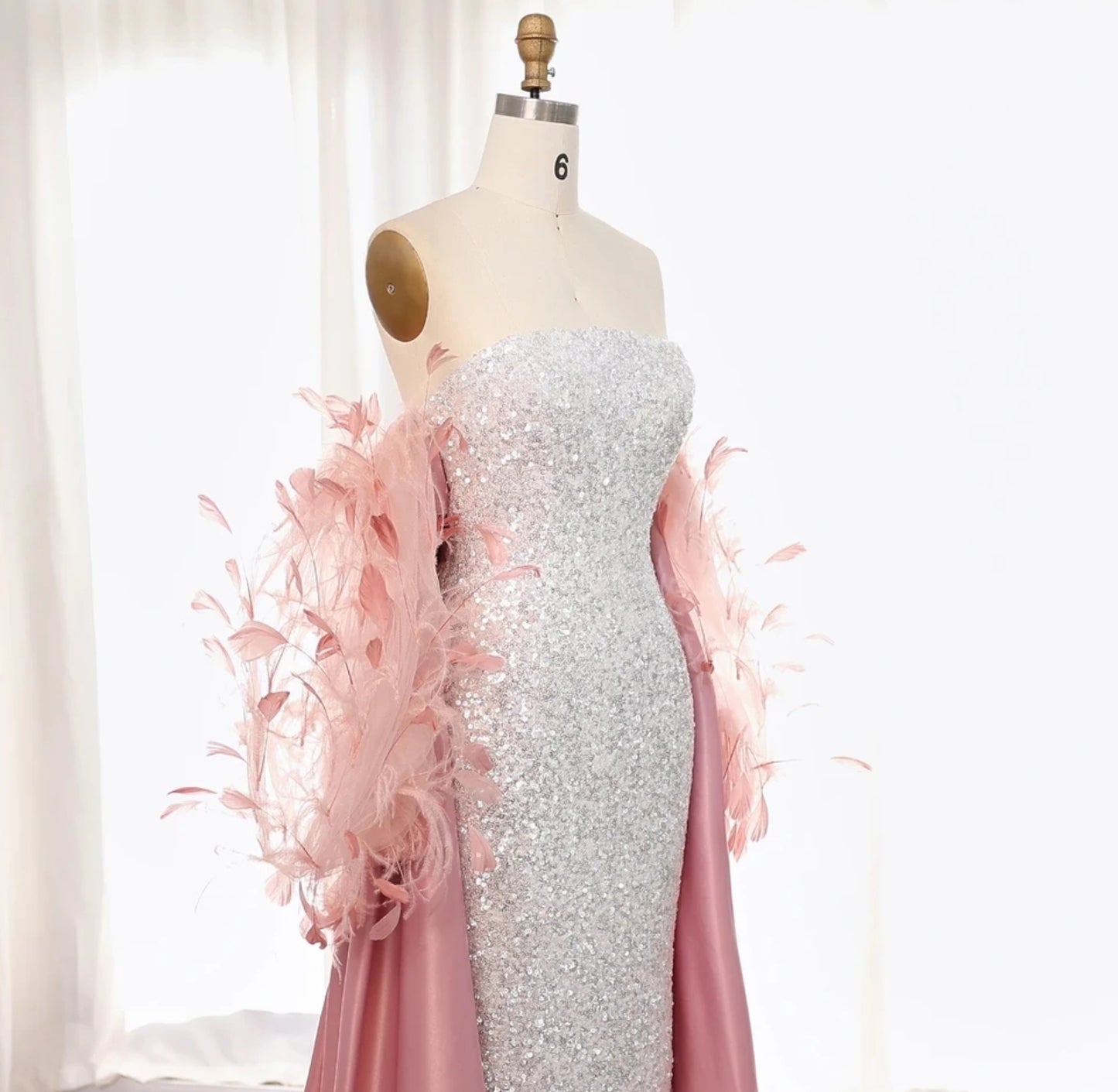 Strapless Sequin Boat Neck Floor Length Special Occasion, Mother Of The Bride, Reception, Event, Gala Gown With Feathered Floor Length Cape