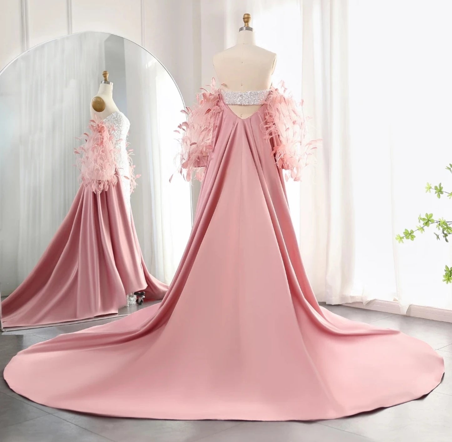 Strapless Sequin Boat Neck Floor Length Special Occasion, Mother Of The Bride, Reception, Event, Gala Gown With Feathered Floor Length Cape