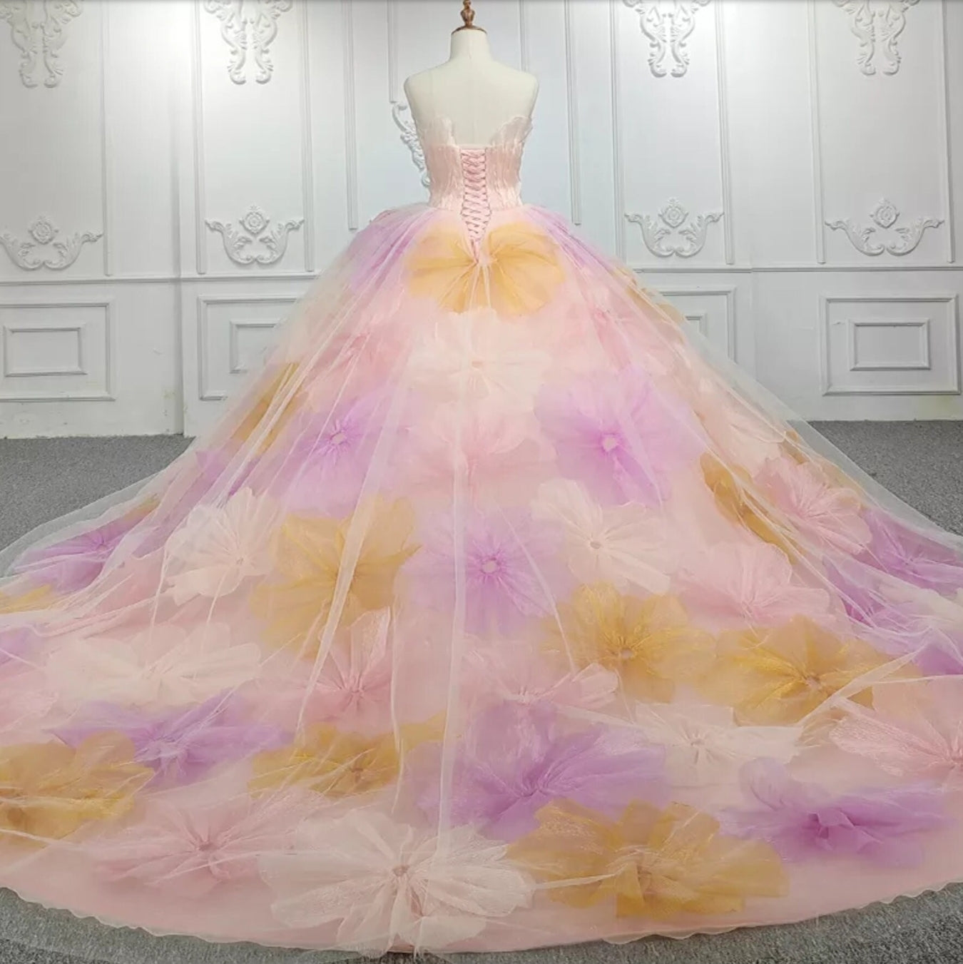 Oversized Delicate Floral Irregular Neckline Quinceañera Gown