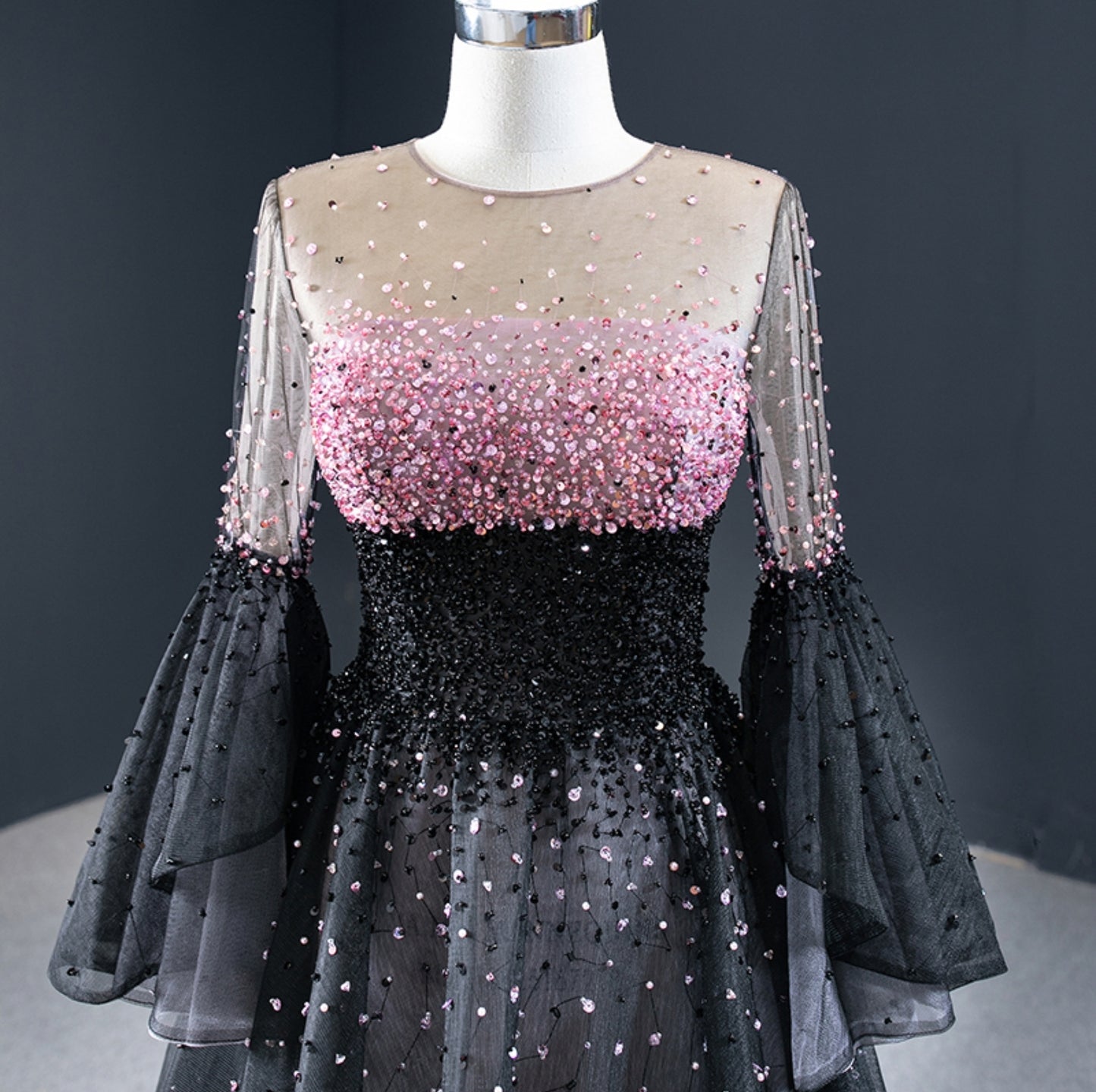 Formal Beaded Sequin Flare Sleeve Special Occassion Gown