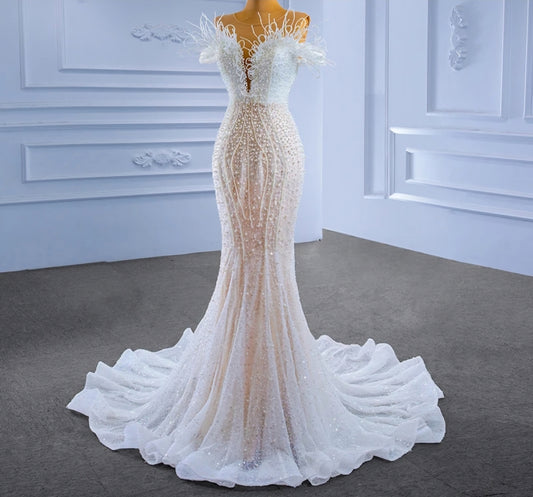 Elegant Pearl Beaded Irregular Off The Shoulder Mermaid/Trumpet Gown