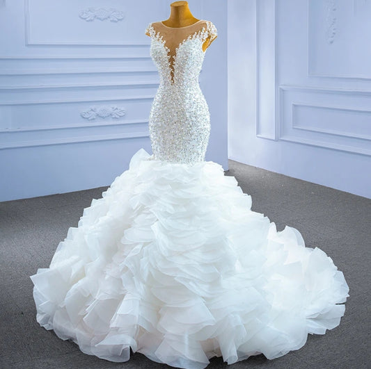 Exquisite Sequin &  Pearl Beaded Ruffle Layered Mermaid/Trumpet Gown