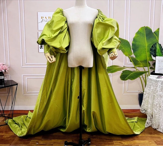 Taffeta Long Sleeve Special Occasion Puff Cape Jacket With Long Train