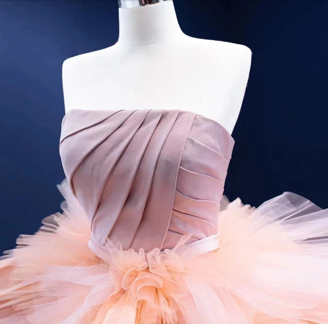 Strapless Boat Neck Pleated Bodice Layered Feather And Frills Special Occasion, Quinceañera, Bat Mitzvah, Event, Gala, Pageant Gown