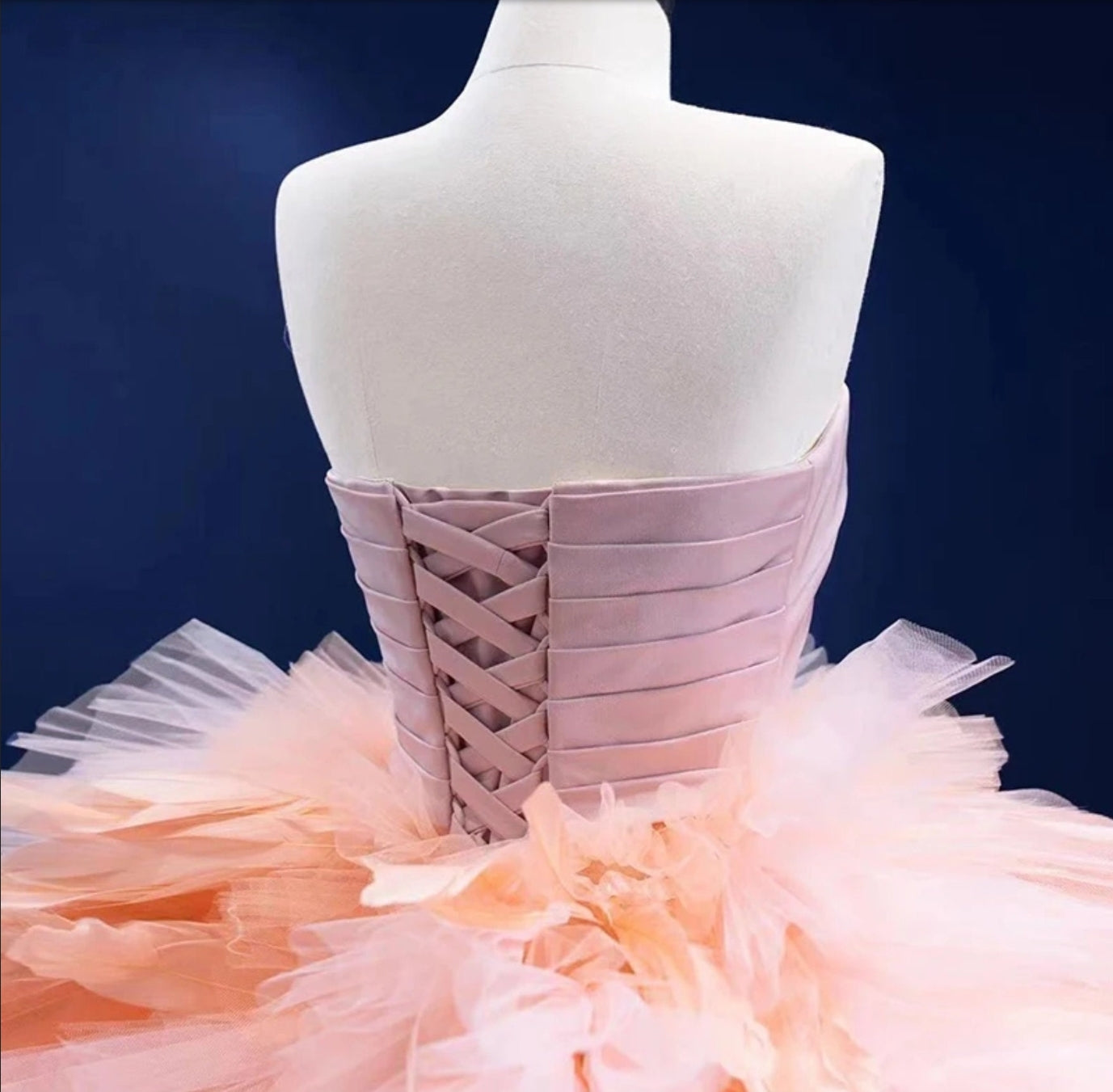 Strapless Boat Neck Pleated Bodice Layered Feather And Frills Special Occasion, Quinceañera, Bat Mitzvah, Event, Gala, Pageant Gown