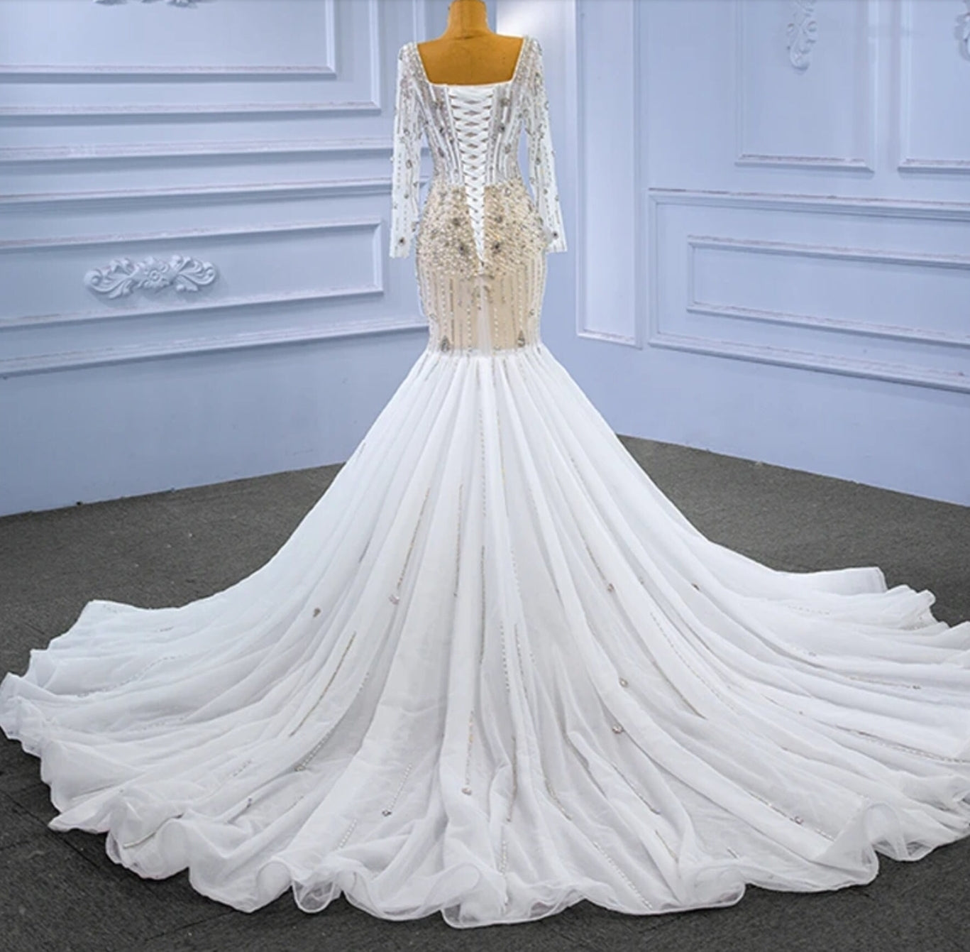 Multi Embellished Multi Beaded Long Sleeve Square Neck Corset Bodice Sexy 2024 Destination Bridal Gown