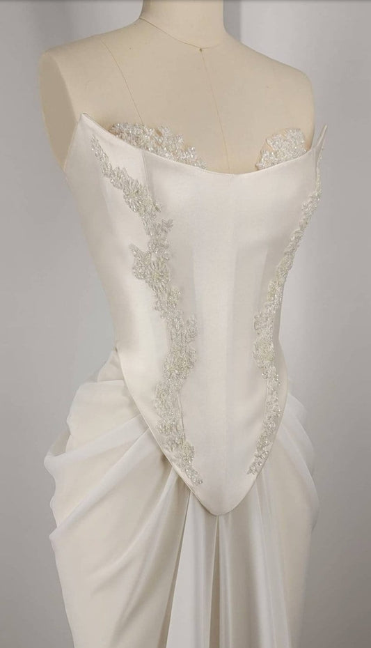 Draped Corset Strapless Sweetheart Scoop Crystal Multi Beaded Narrow Ruched Pleated Gown