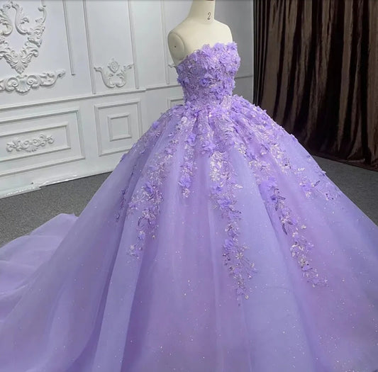 Purple Shimmering Strapless Multi Beaded Sequin And 3D Floral Appliqué Boat Neck A-Line Quinceañera Special Occasion Pageant Party Gown