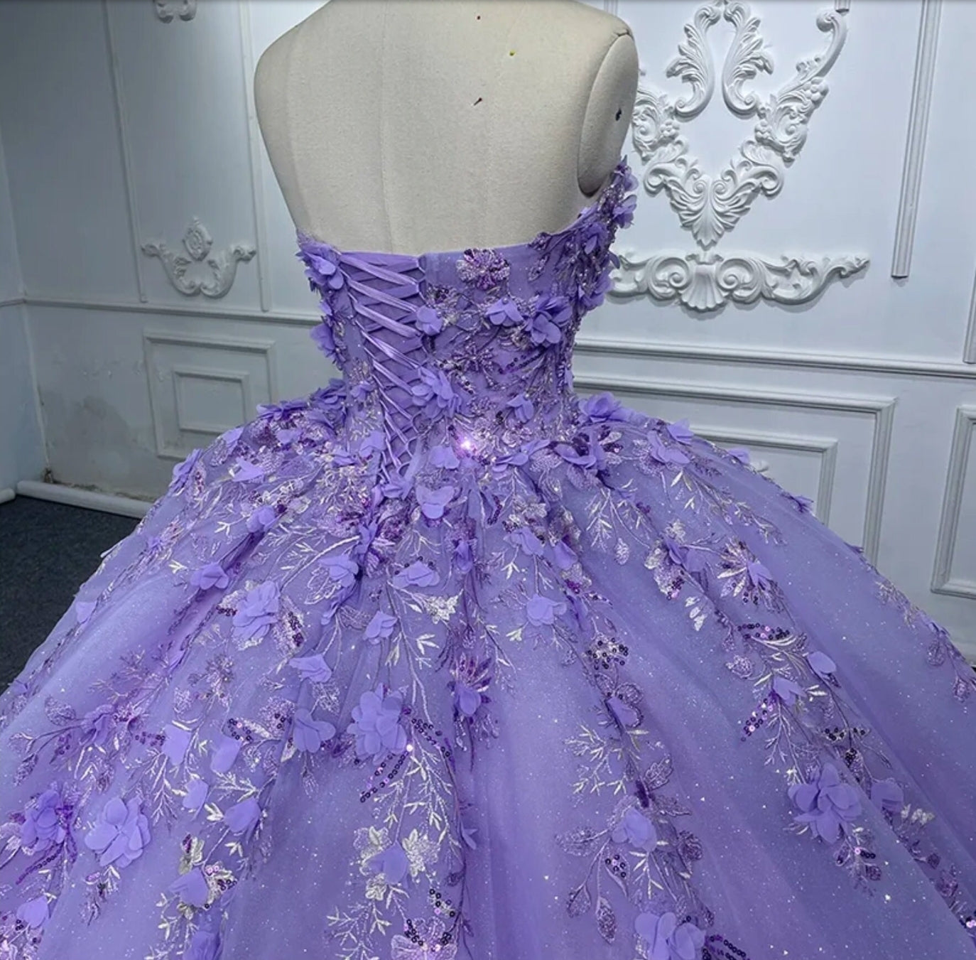 Purple Shimmering Strapless Multi Beaded Sequin And 3D Floral Appliqué Boat Neck A-Line Quinceañera Special Occasion Pageant Party Gown