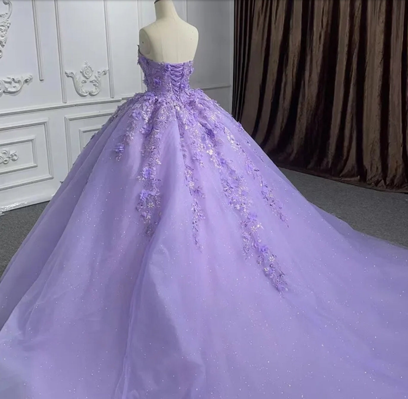 Purple Shimmering Strapless Multi Beaded Sequin And 3D Floral Appliqué Boat Neck A-Line Quinceañera Special Occasion Pageant Party Gown