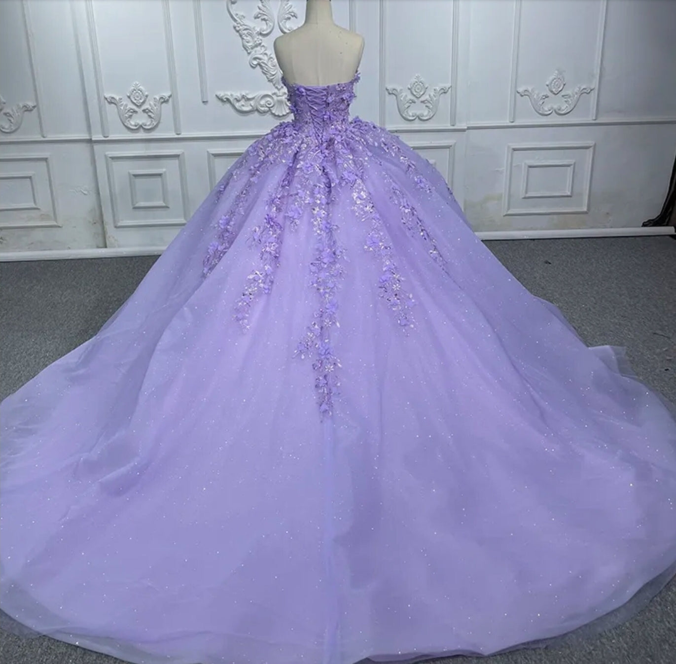 Purple Shimmering Strapless Multi Beaded Sequin And 3D Floral Appliqué Boat Neck A-Line Quinceañera Special Occasion Pageant Party Gown