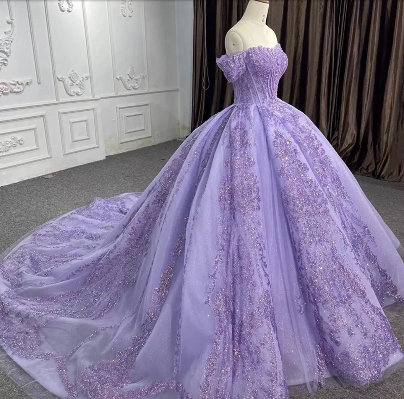 Off The Shoulder Sequin And Beaded Purple Victorian Style A-Line Quinceañera Special Occasion Pageant Party Event Gala Gown