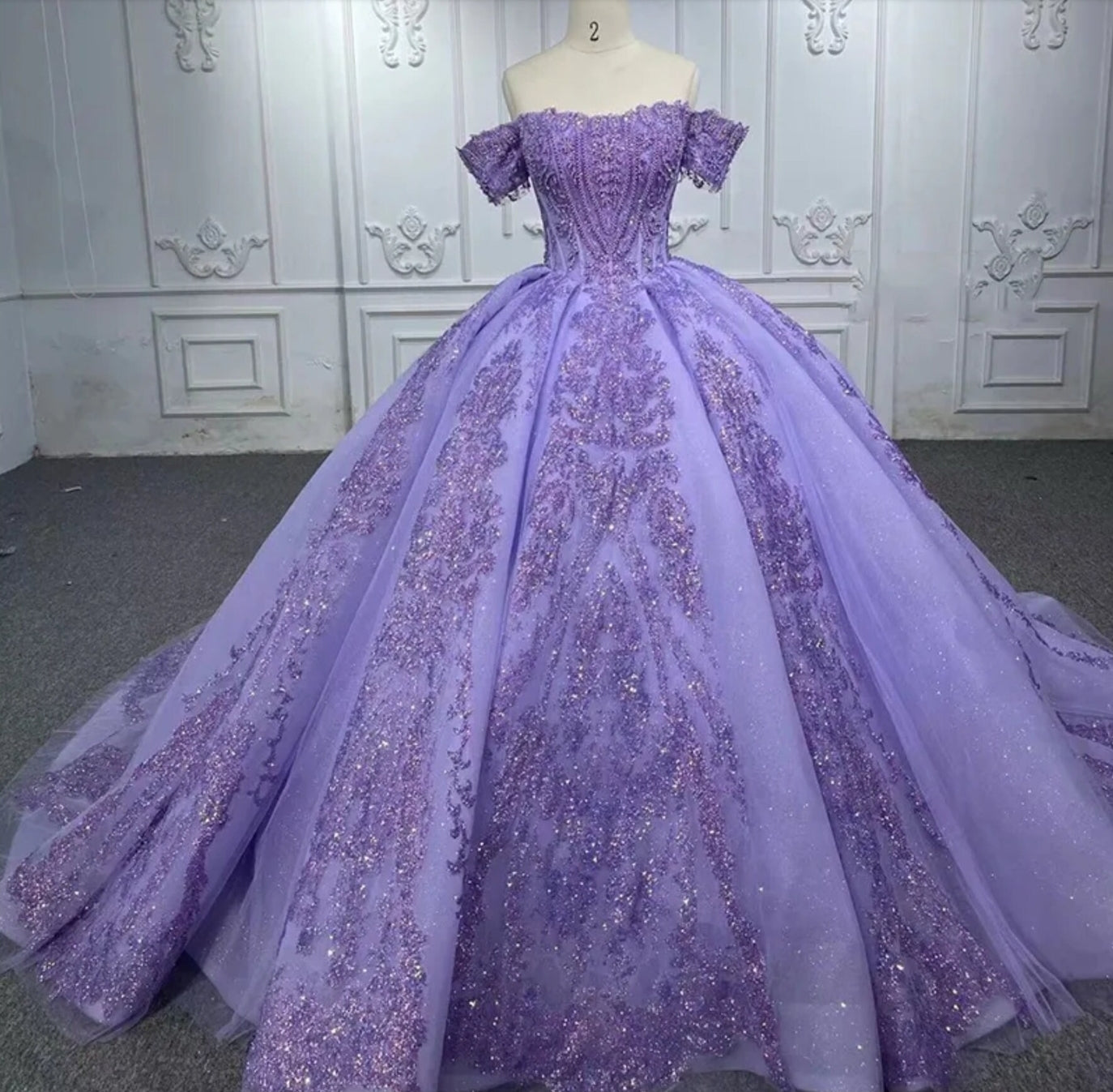 Off The Shoulder Sequin And Beaded Purple Victorian Style A-Line Quinceañera Special Occasion Pageant Party Event Gala Gown