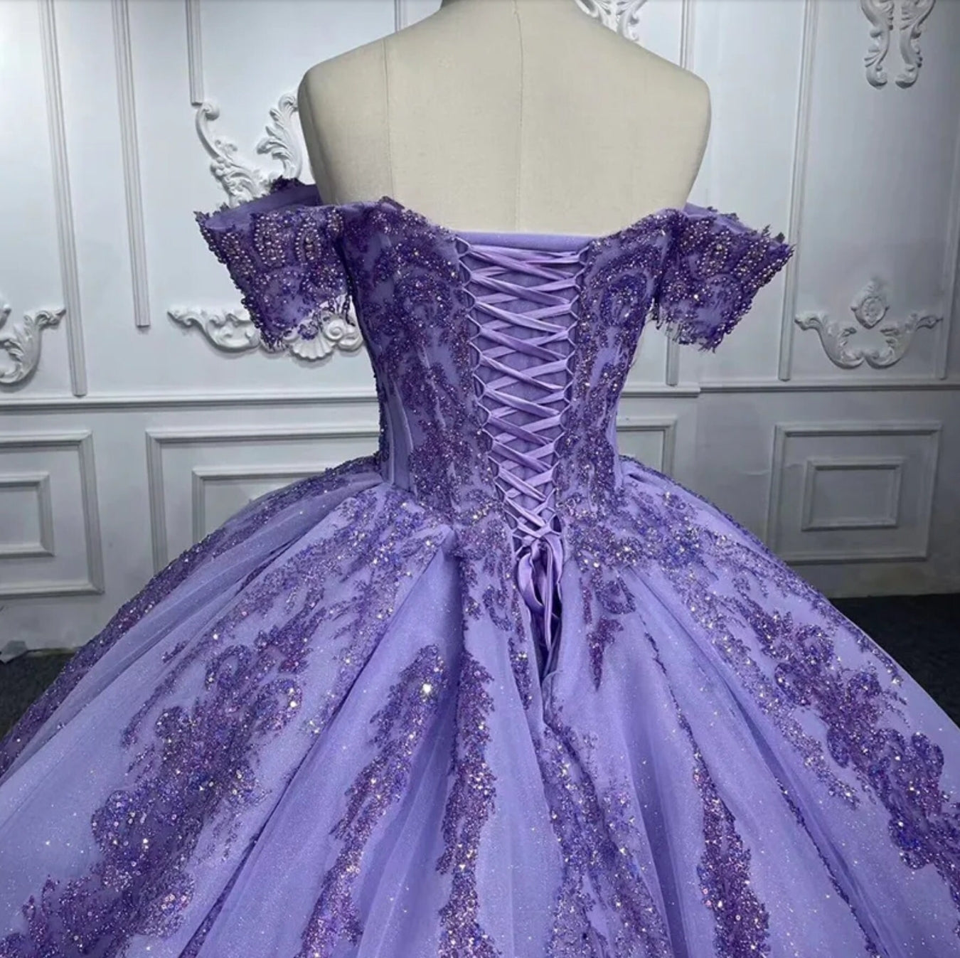 Off The Shoulder Sequin And Beaded Purple Victorian Style A-Line Quinceañera Special Occasion Pageant Party Event Gala Gown