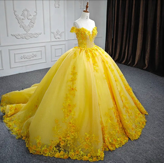 Floral Sunshine Yellow Off The Shoulder Multi Beaded Shimmering Quinceañera Special Occasion Pageant Party Event Gown