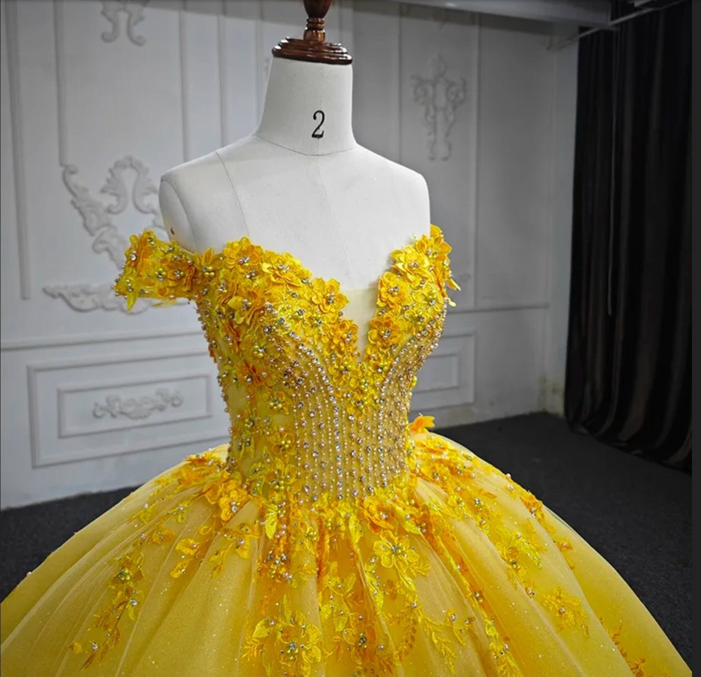 Floral Sunshine Yellow Off The Shoulder Multi Beaded Shimmering Quinceañera Special Occasion Pageant Party Event Gown