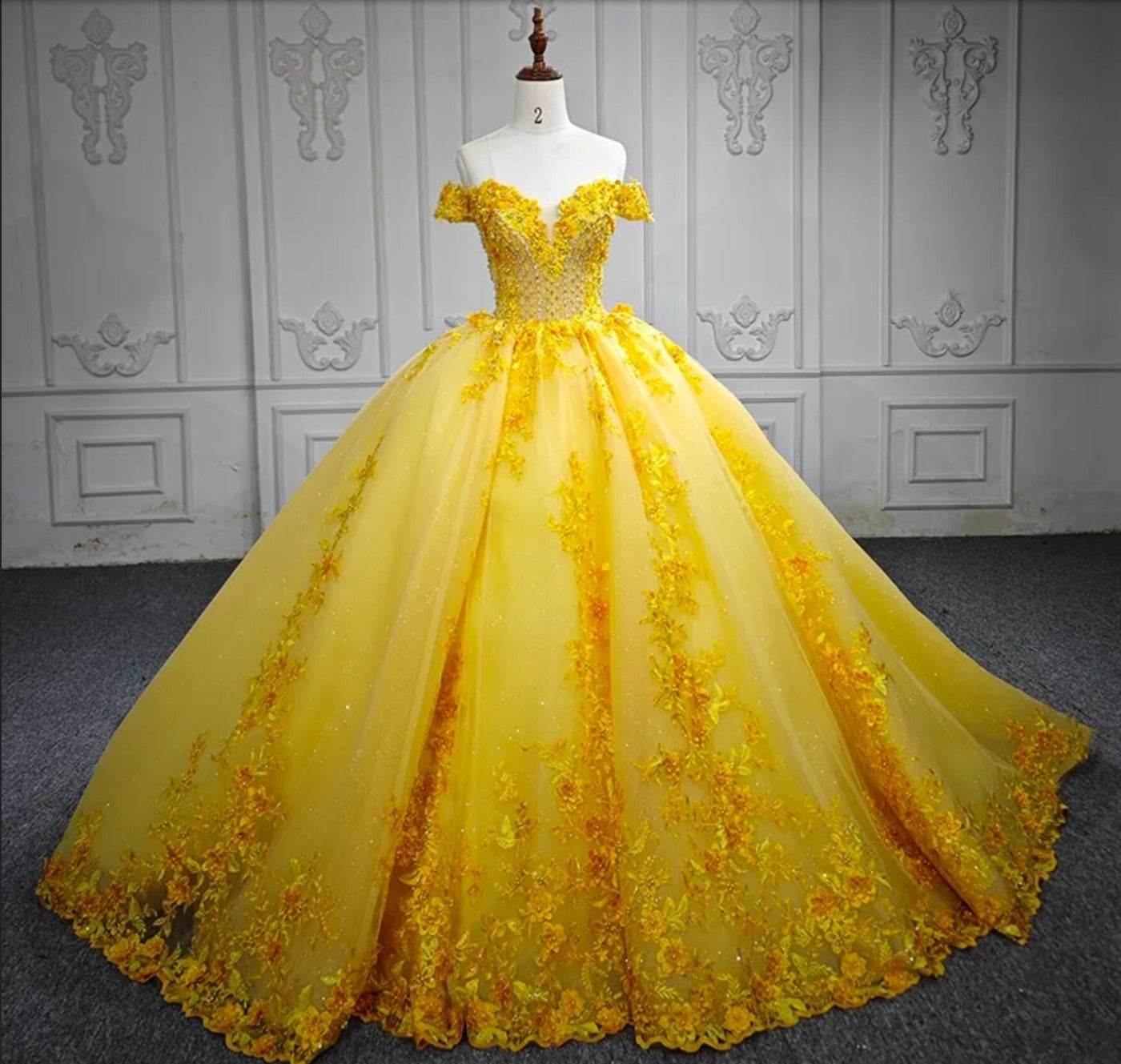 Floral Sunshine Yellow Off The Shoulder Multi Beaded Shimmering Quinceañera Special Occasion Pageant Party Event Gown