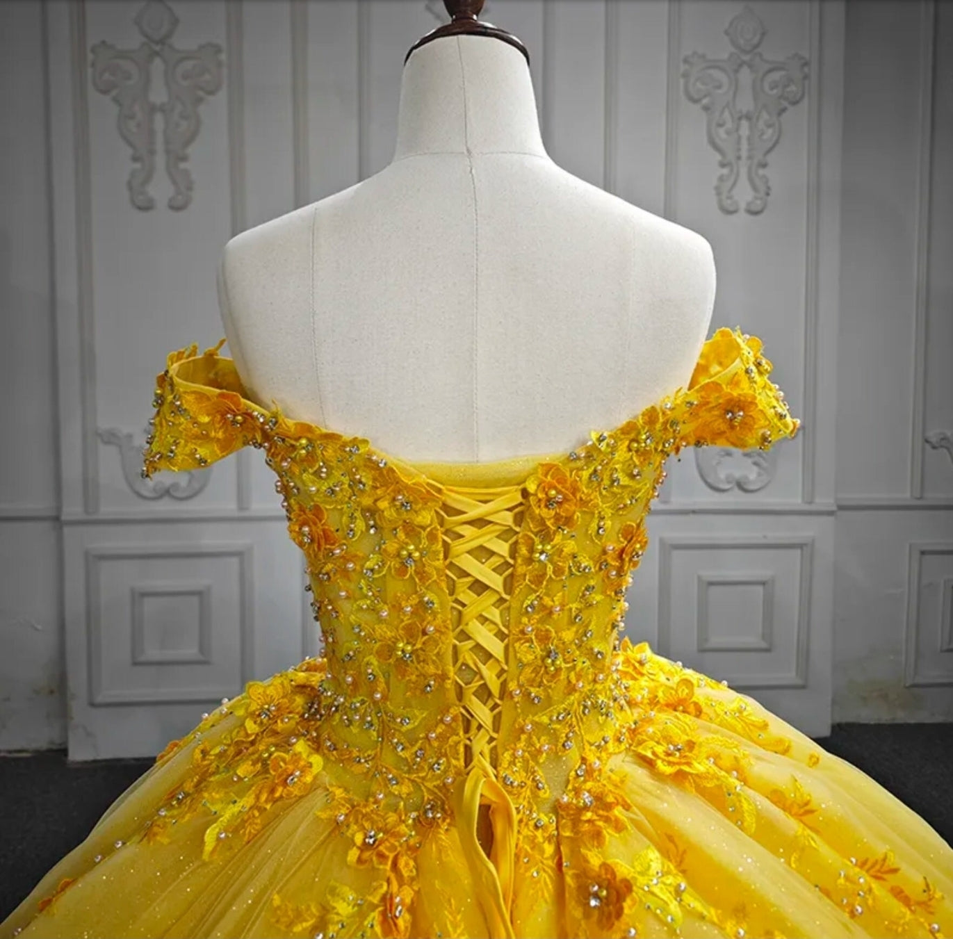 Floral Sunshine Yellow Off The Shoulder Multi Beaded Shimmering Quinceañera Special Occasion Pageant Party Event Gown